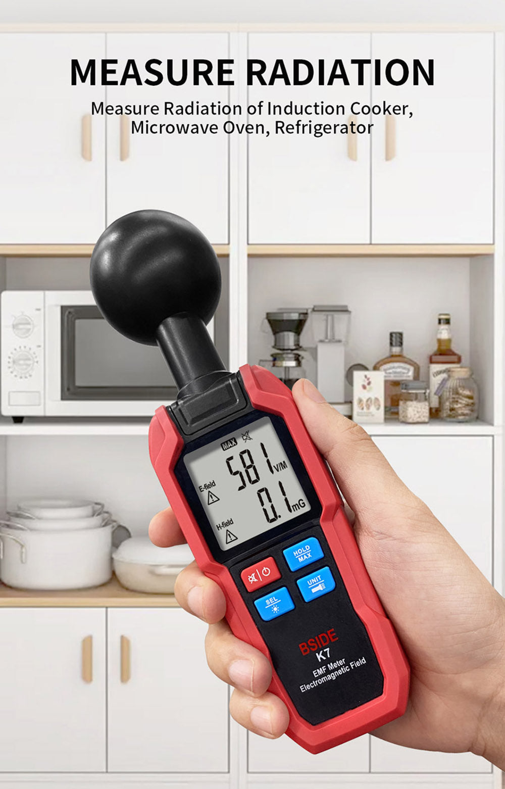 Detector de Campo Electromagnético BSIDE K7, Medidor EMF, Detector de Señal de Radiación, Medición Automática 360°, Alarma Sonora y Luminosa, con Linterna de Sobredosis, Pantalla LCD - Rojo, sin Batería