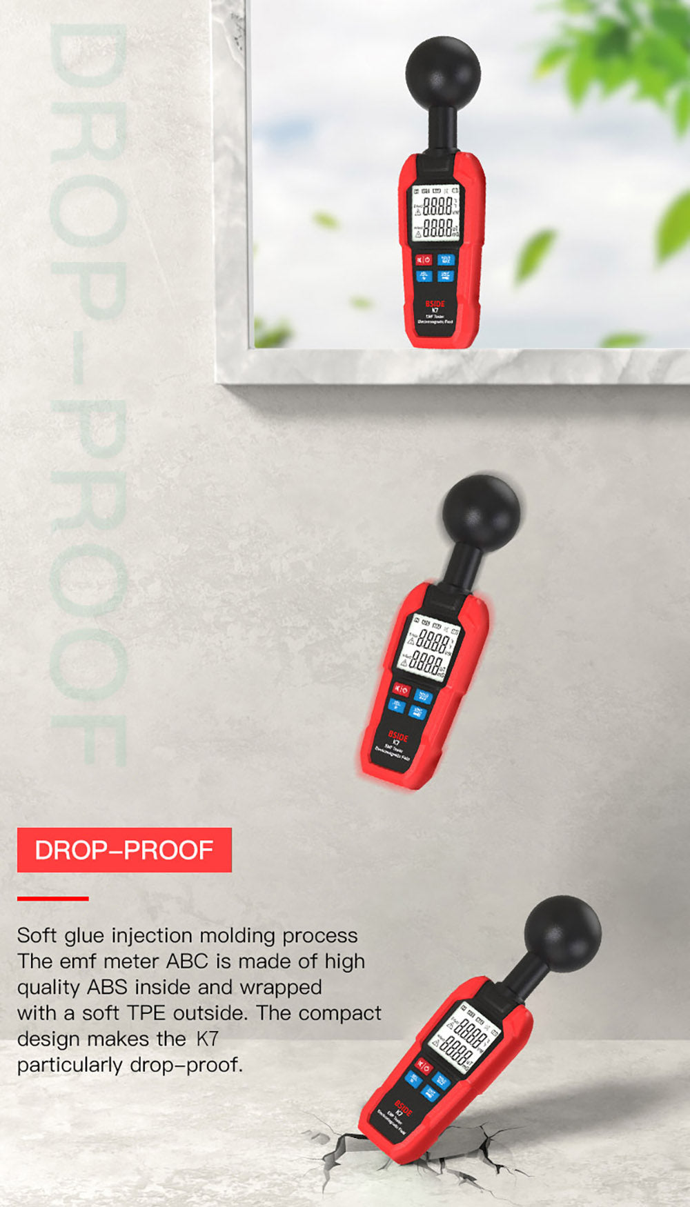 Detector de Campo Electromagnético BSIDE K7, Medidor EMF, Detector de Señal de Radiación, Medición Automática 360°, Alarma Sonora y Luminosa, con Linterna de Sobredosis, Pantalla LCD - Rojo, sin Batería