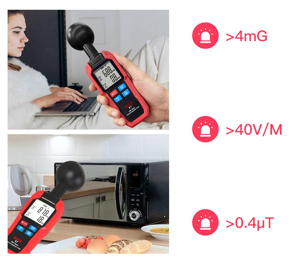 Detector de Campo Electromagnético BSIDE K7, Medidor EMF, Detector de Señal de Radiación, Medición Automática 360°, Alarma Sonora y Luminosa, con Linterna de Sobredosis, Pantalla LCD - Rojo, sin Batería