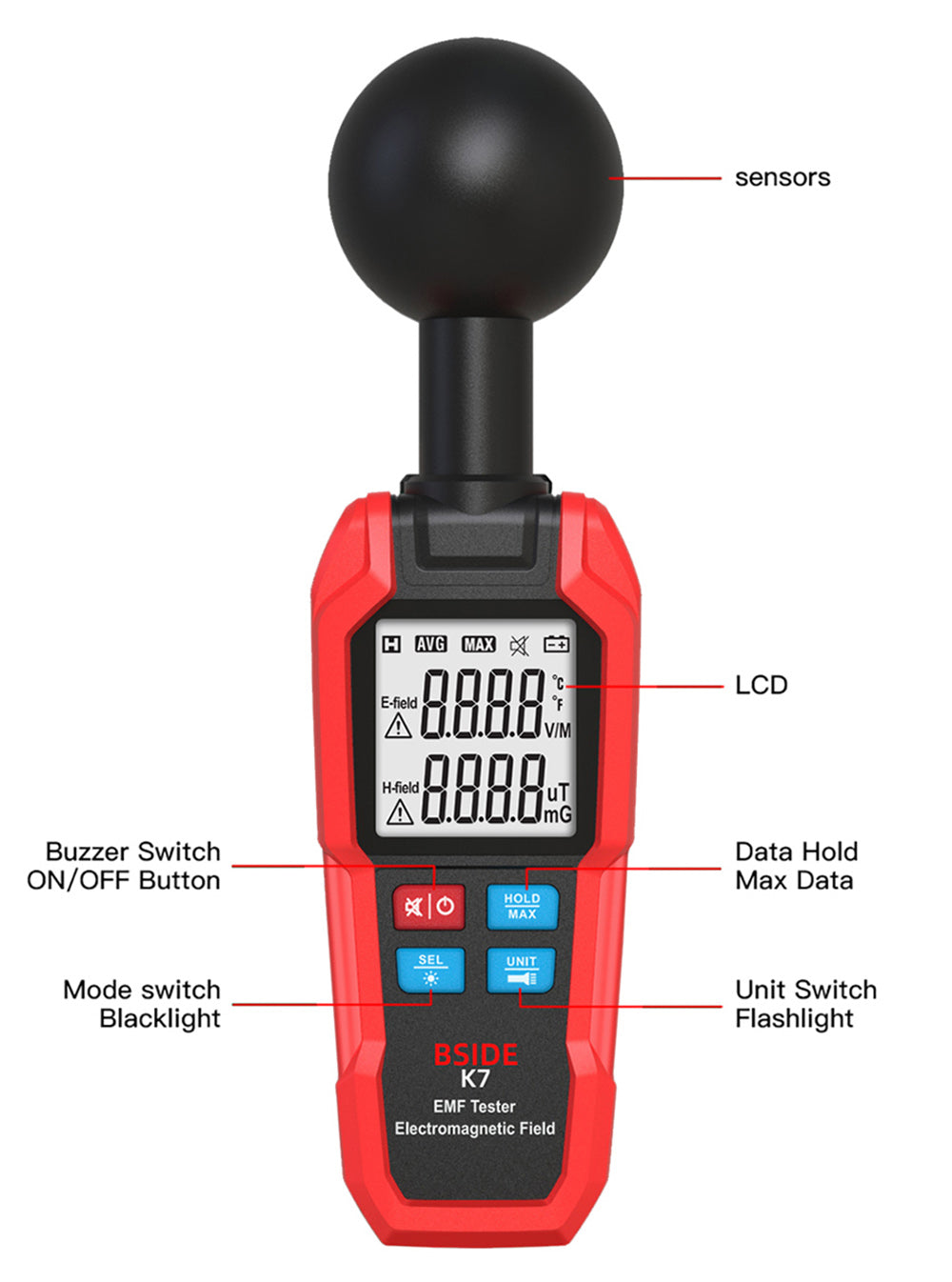 Detector de Campo Electromagnético BSIDE K7, Medidor EMF, Detector de Señal de Radiación, Medición Automática 360°, Alarma Sonora y Luminosa, con Linterna de Sobredosis, Pantalla LCD - Rojo, sin Batería