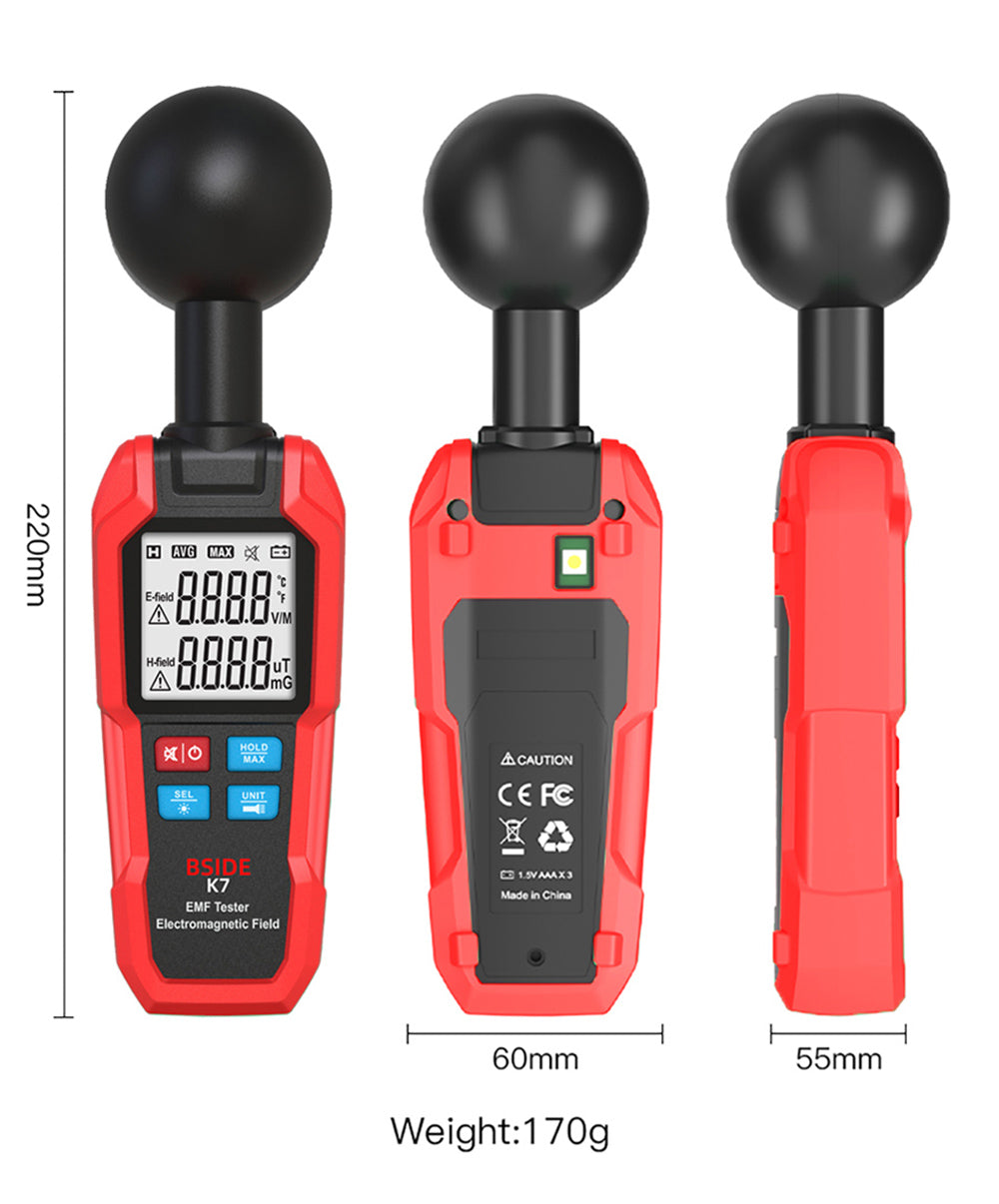 Detector de Campo Electromagnético BSIDE K7, Medidor EMF, Detector de Señal de Radiación, Medición Automática 360°, Alarma Sonora y Luminosa, con Linterna de Sobredosis, Pantalla LCD - Rojo, sin Batería