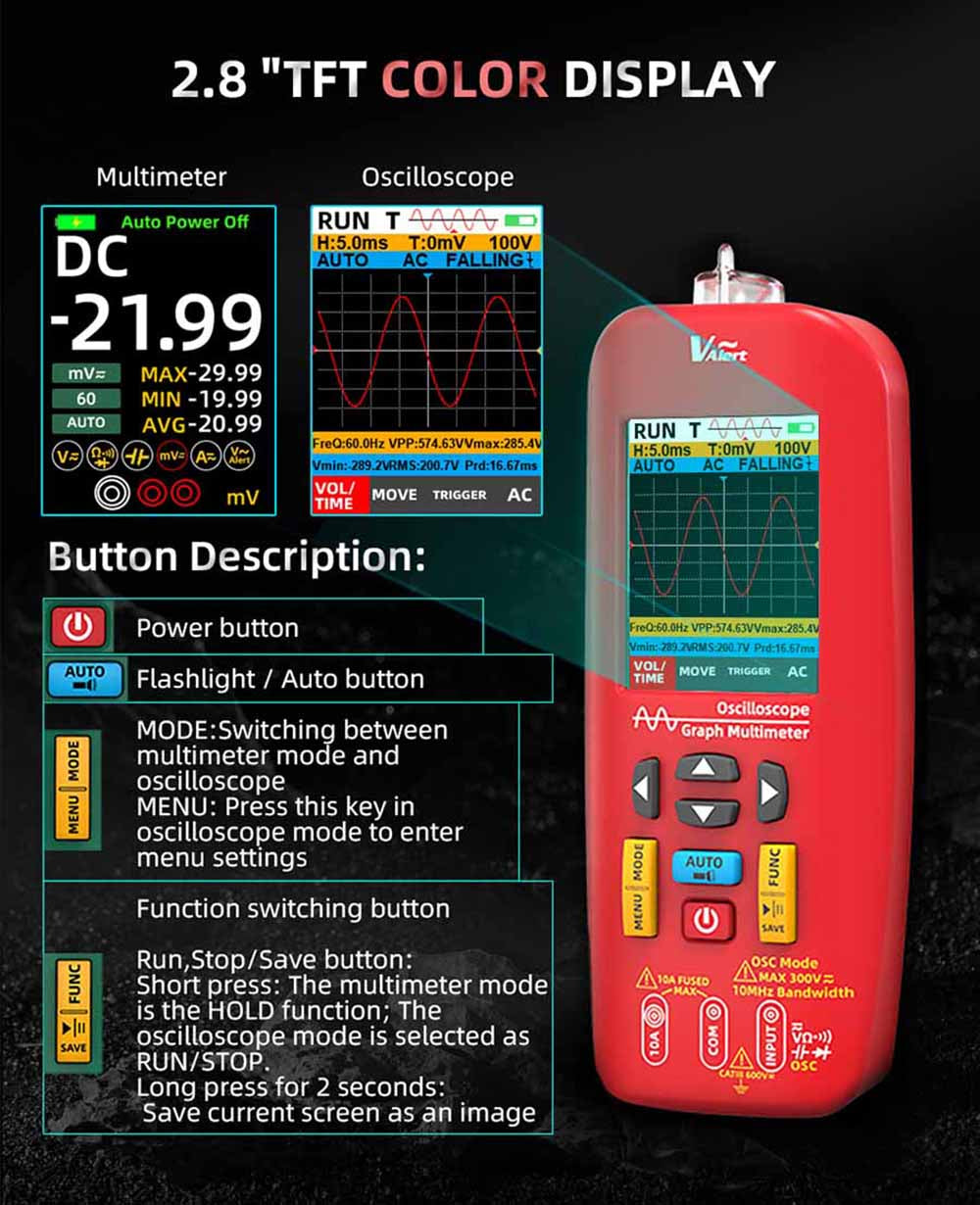 Osciloscopio digital BSIDE O1, multímetro de mano, almacenamiento de formas de onda, frecuencia de muestreo 48 MSa/s 10 MHz, probador profesional de componentes electrónicos - Rojo