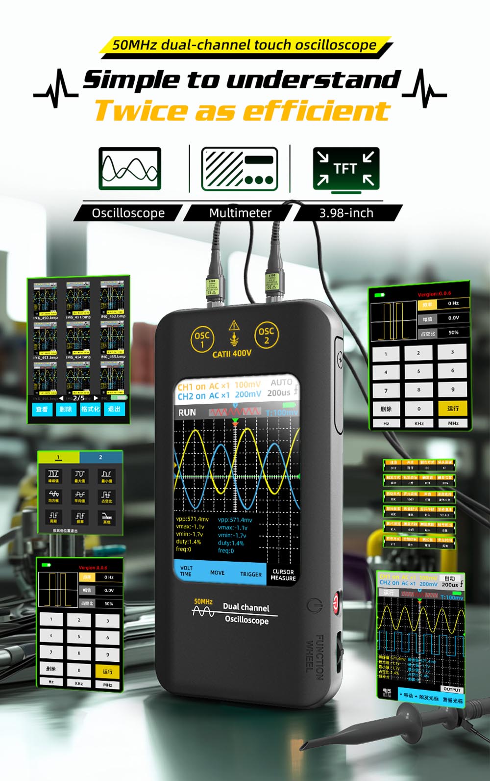 Osciloscopio de doble canal BSIDE O2, ancho de banda de 50 MHz, frecuencia de muestreo en tiempo real de 250 MSa/s, pantalla LCD TFT de 3,98 pulgadas, 7 formas de onda de señal.