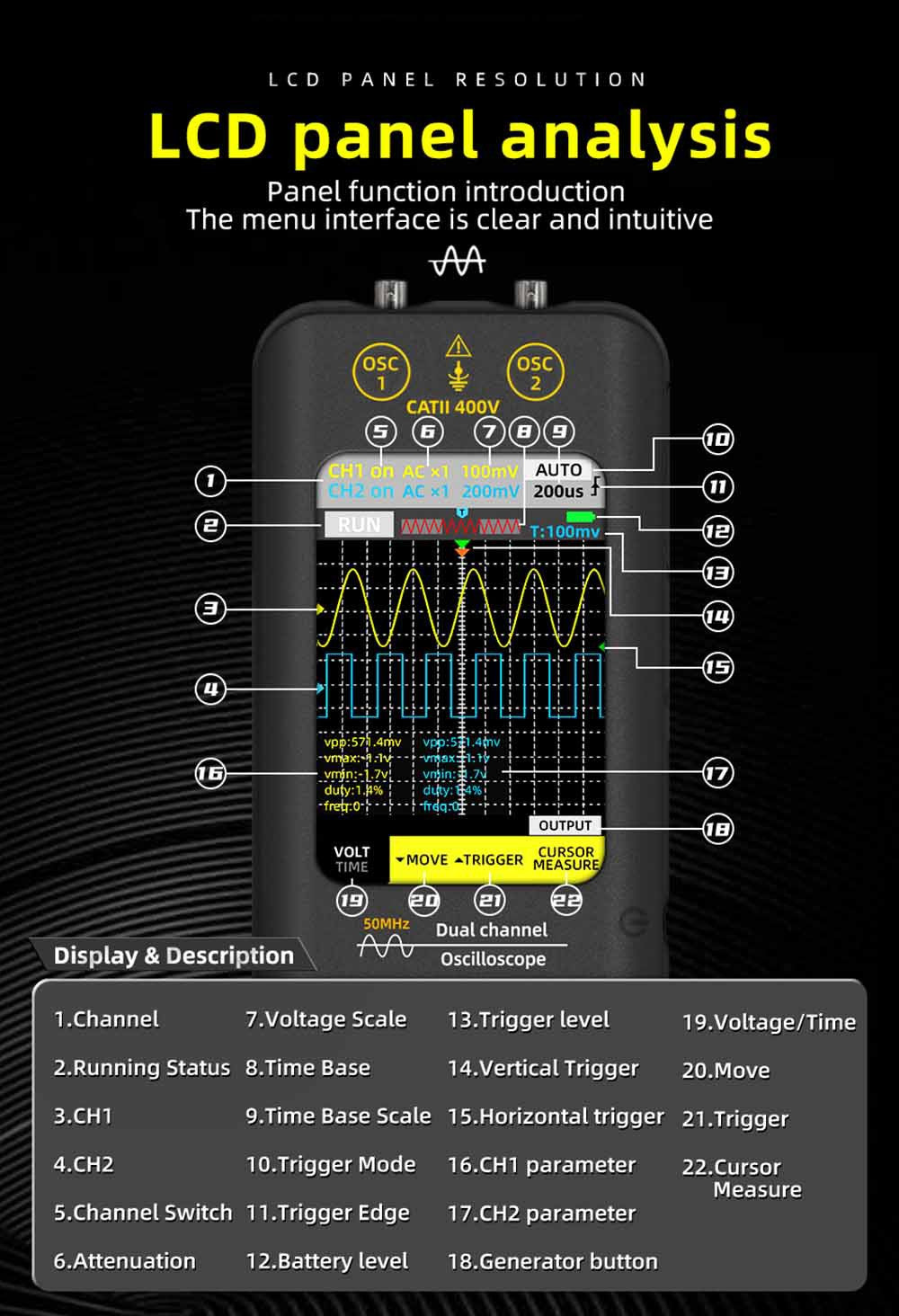 Osciloscopio de doble canal BSIDE O2, ancho de banda de 50 MHz, frecuencia de muestreo en tiempo real de 250 MSa/s, pantalla LCD TFT de 3,98 pulgadas, 7 formas de onda de señal.