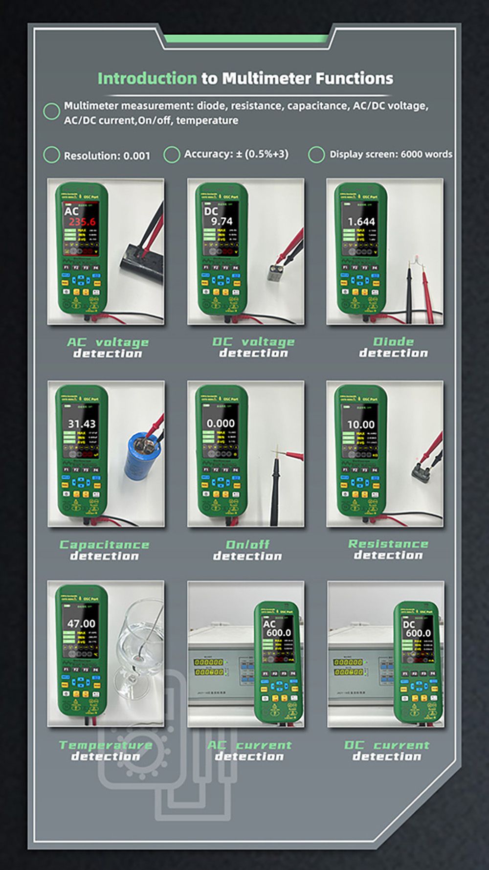 Multímetro osciloscopio BSIDE O7 3 en 1, probador de voltaje/corriente/capacitancia/frecuencia/resistencia/continuidad/diodos, 3.98