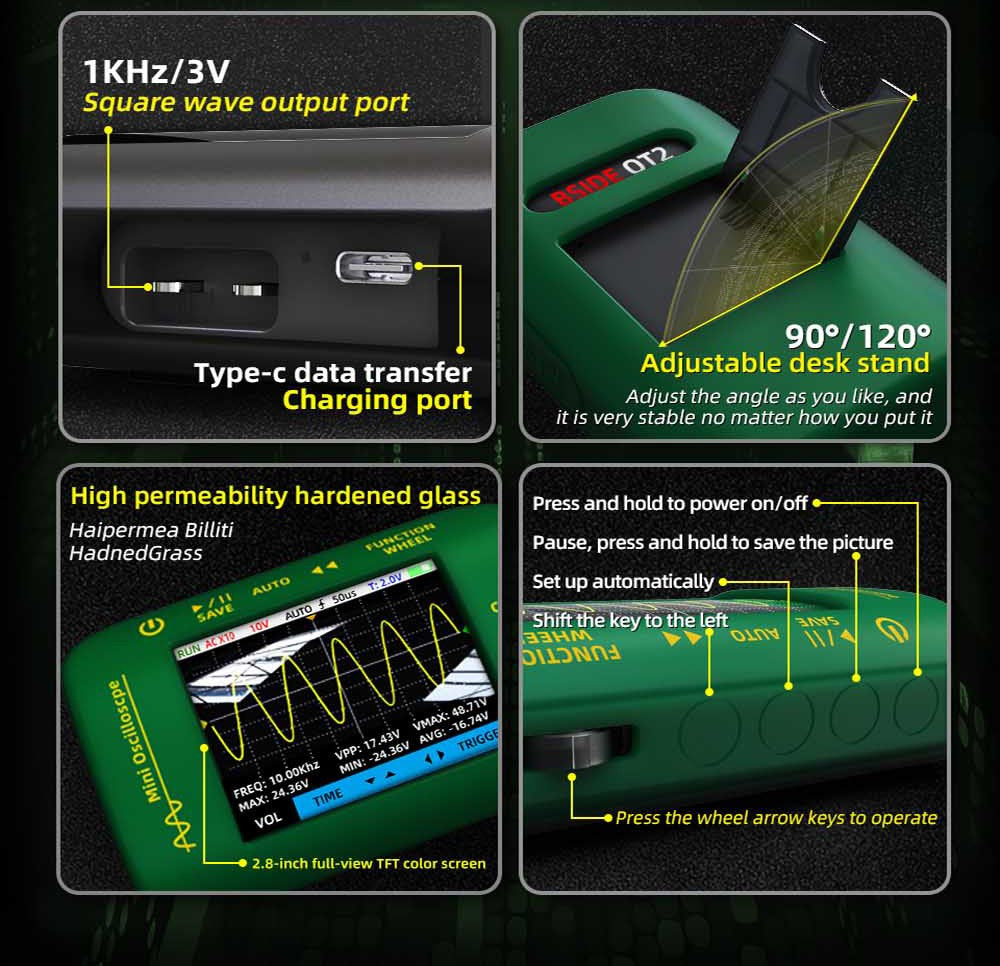 Multímetro con osciloscopio digital portátil BSIDE OT2, ancho de banda de 10 MHz con frecuencia de muestreo de 48 MSa/s, pantalla LCD de 2,8 pulgadas.