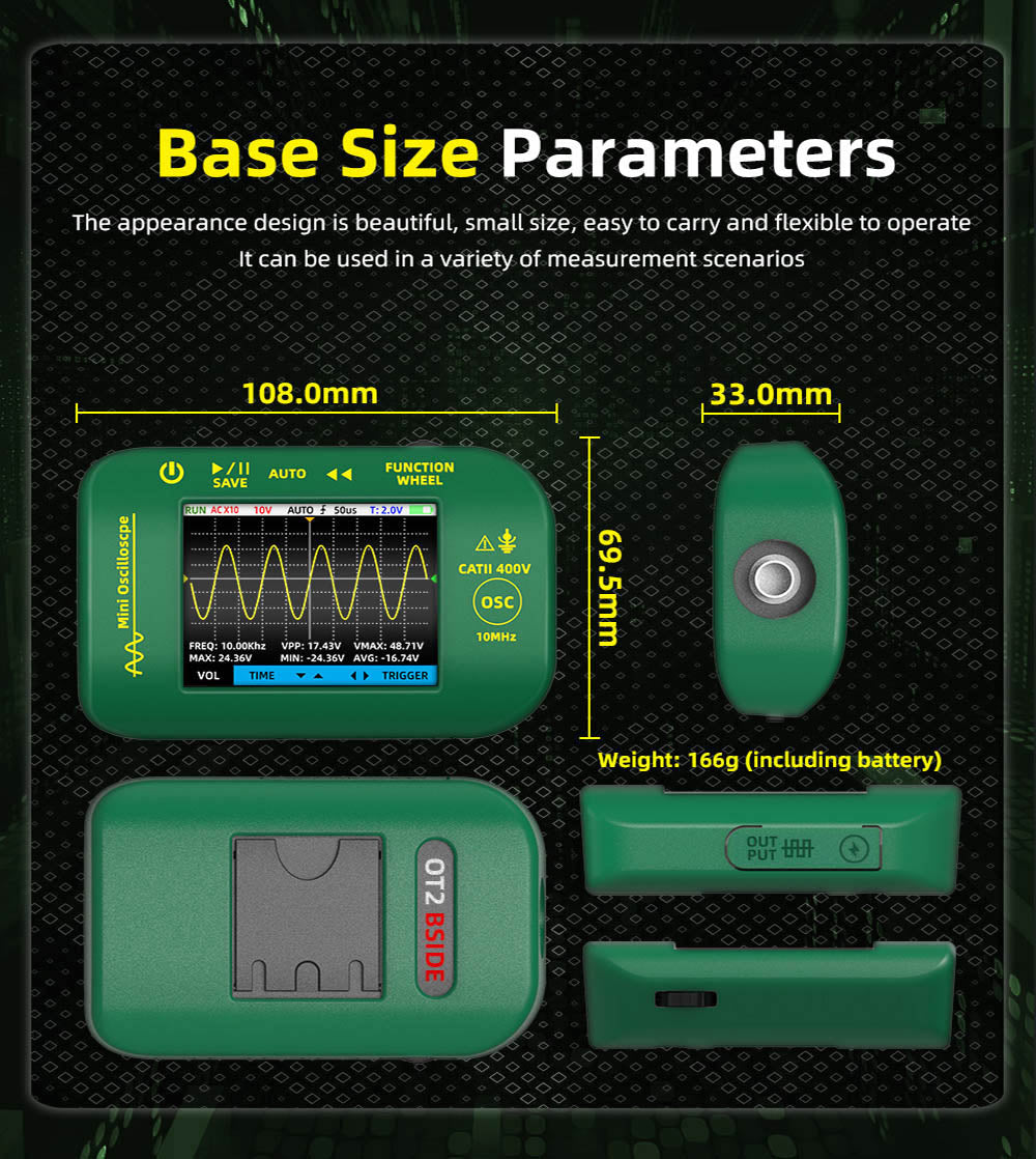 Multímetro con osciloscopio digital portátil BSIDE OT2, ancho de banda de 10 MHz con frecuencia de muestreo de 48 MSa/s, pantalla LCD de 2,8 pulgadas.