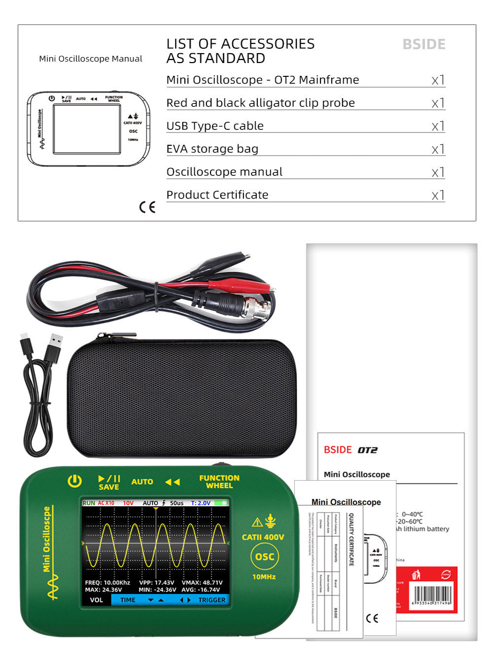 Multímetro con osciloscopio digital portátil BSIDE OT2, ancho de banda de 10 MHz con frecuencia de muestreo de 48 MSa/s, pantalla LCD de 2,8 pulgadas.