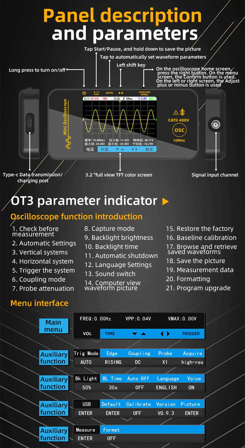 Osciloscopio BSIDE OT3 con sonda, 3.2