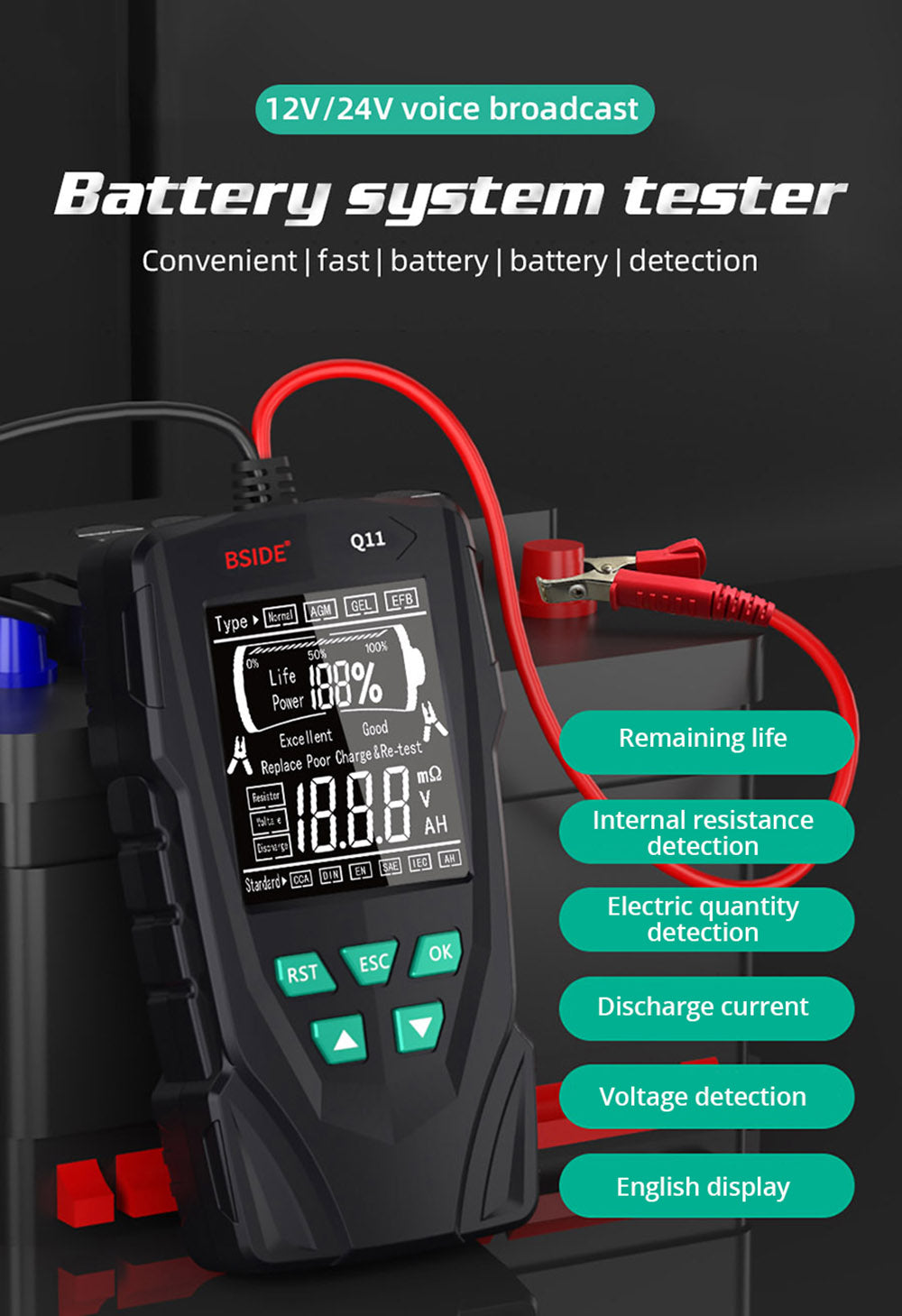 Probador de batería de coche BSIDE Q11, comprobador digital de 12V 24V, analizador de batería de plomo-ácido CCA, herramienta de diagnóstico de detección automática profesional de 3Ah-200Ah