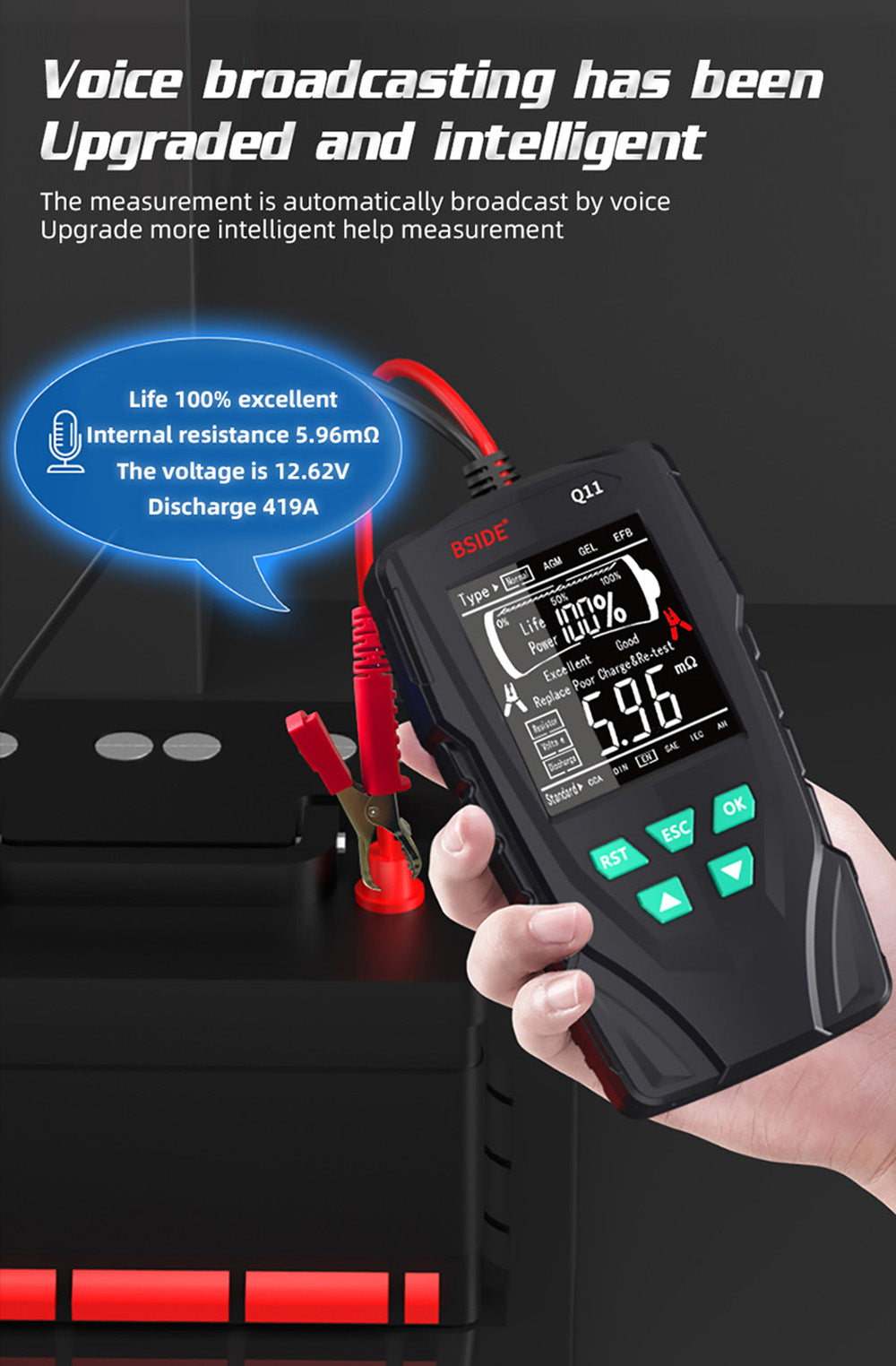 Probador de batería de coche BSIDE Q11, comprobador digital de 12V 24V, analizador de batería de plomo-ácido CCA, herramienta de diagnóstico de detección automática profesional de 3Ah-200Ah