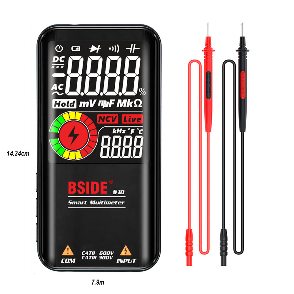 Multímetro digital inteligente BSIDE S10, pantalla LCD a color de 3,5", 9999 cuentas, probador de voltaje CC/CA, condensador, ohmios y diodos, negro - sin batería