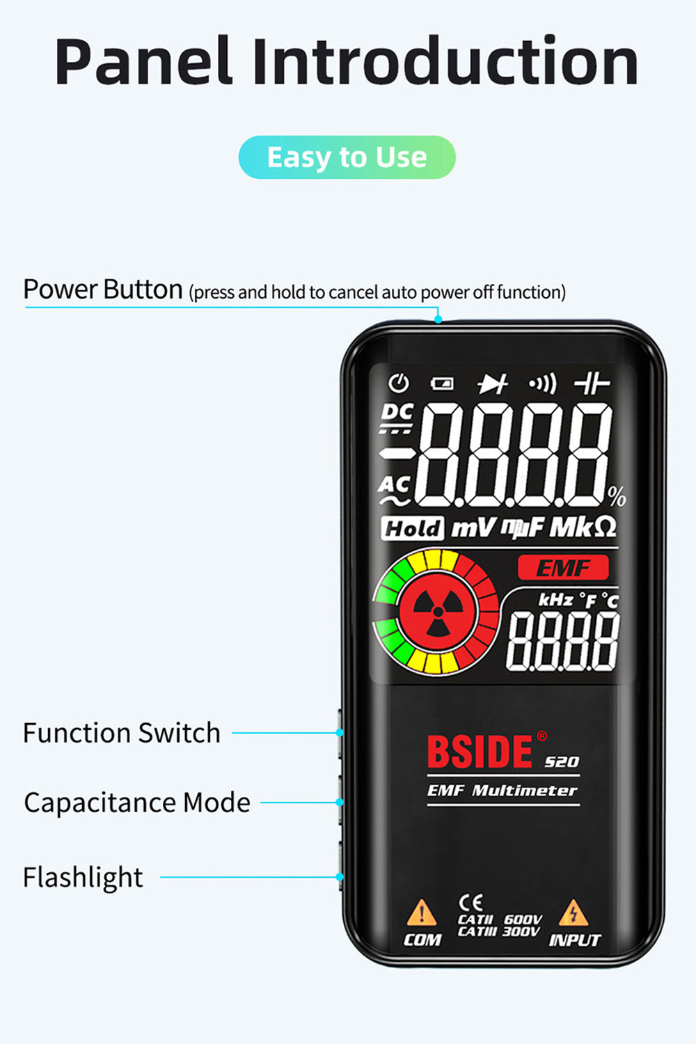 Detector de Radiación Electromagnética BSIDE S20, Multímetro Inteligente, Pantalla a Color, 9999 Cuentas, Rango Automático, Medidor de Alta Precisión, Monitor de Radiación.