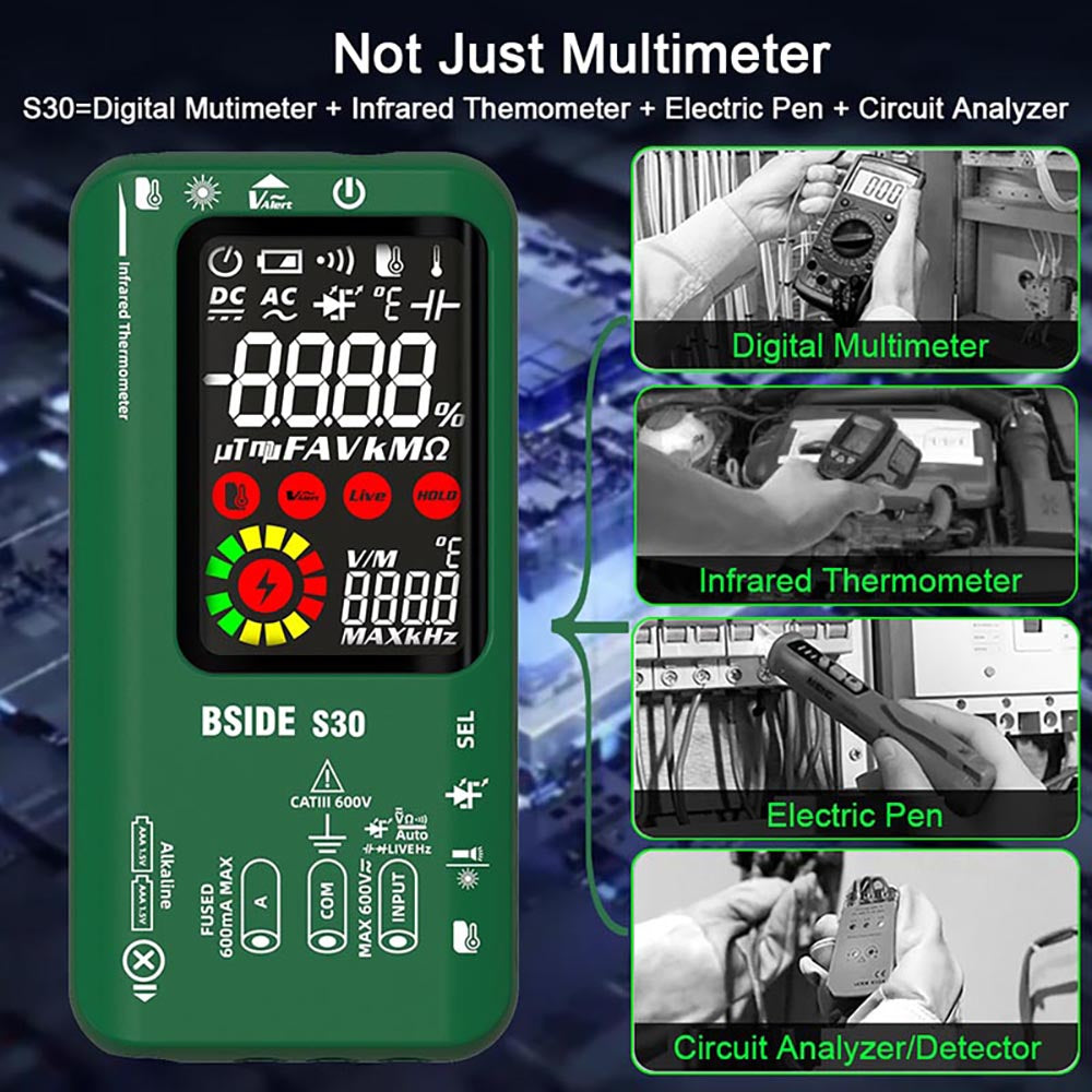 Multímetro digital BSIDE S30, termómetro infrarrojo, verdadero valor eficaz (True RMS) de 9999 cuentas, voltaje y corriente CC/CA 15 V, diodo, condensador, óhmetro, probador NCV recargable - Negro