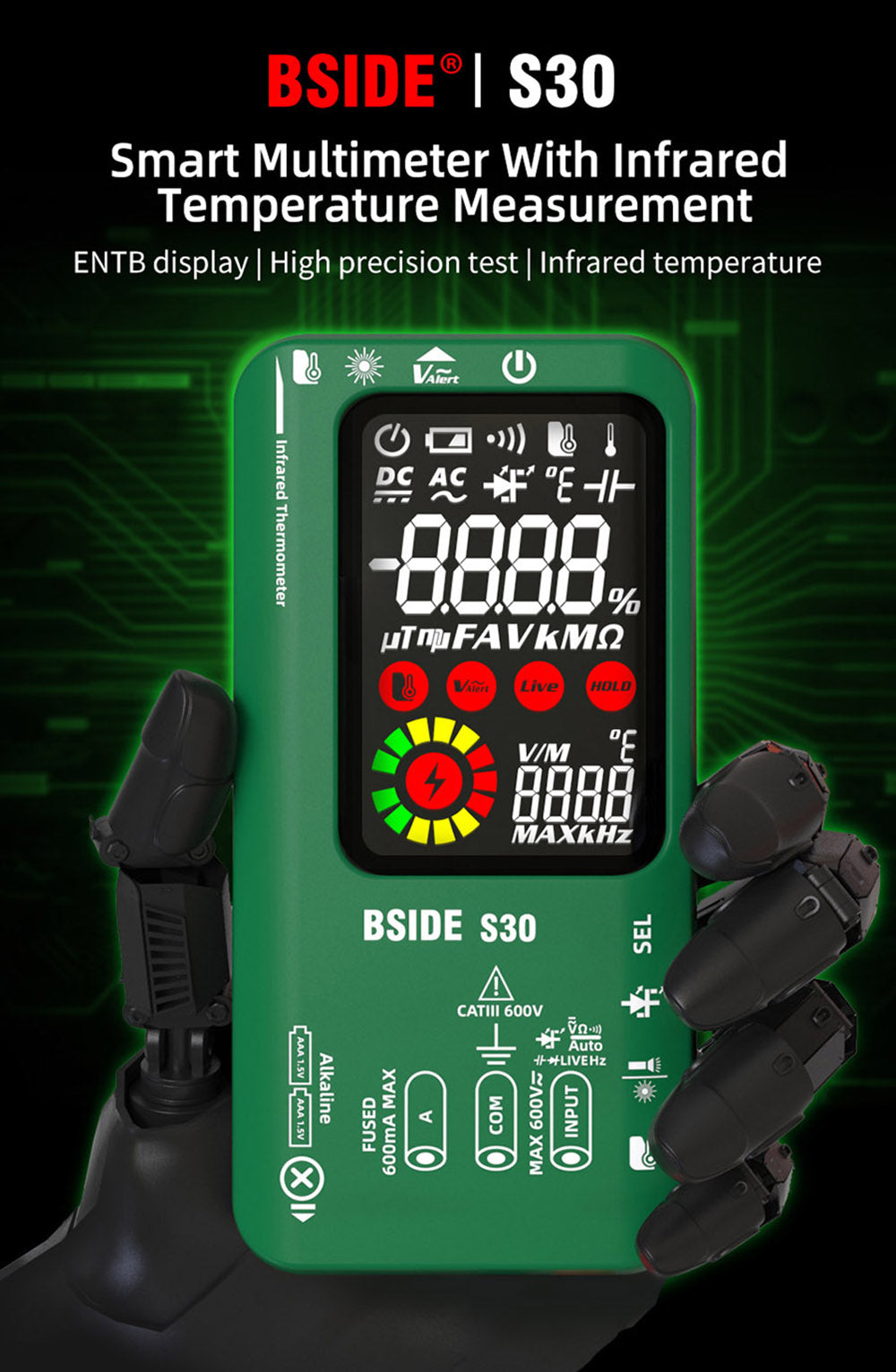 Multímetro digital BSIDE S30X, termómetro infrarrojo, pantalla a color, verdadero valor eficaz (True RMS) de 9999 cuentas, probador de voltaje, capacitancia, resistencia, frecuencia y diodos.