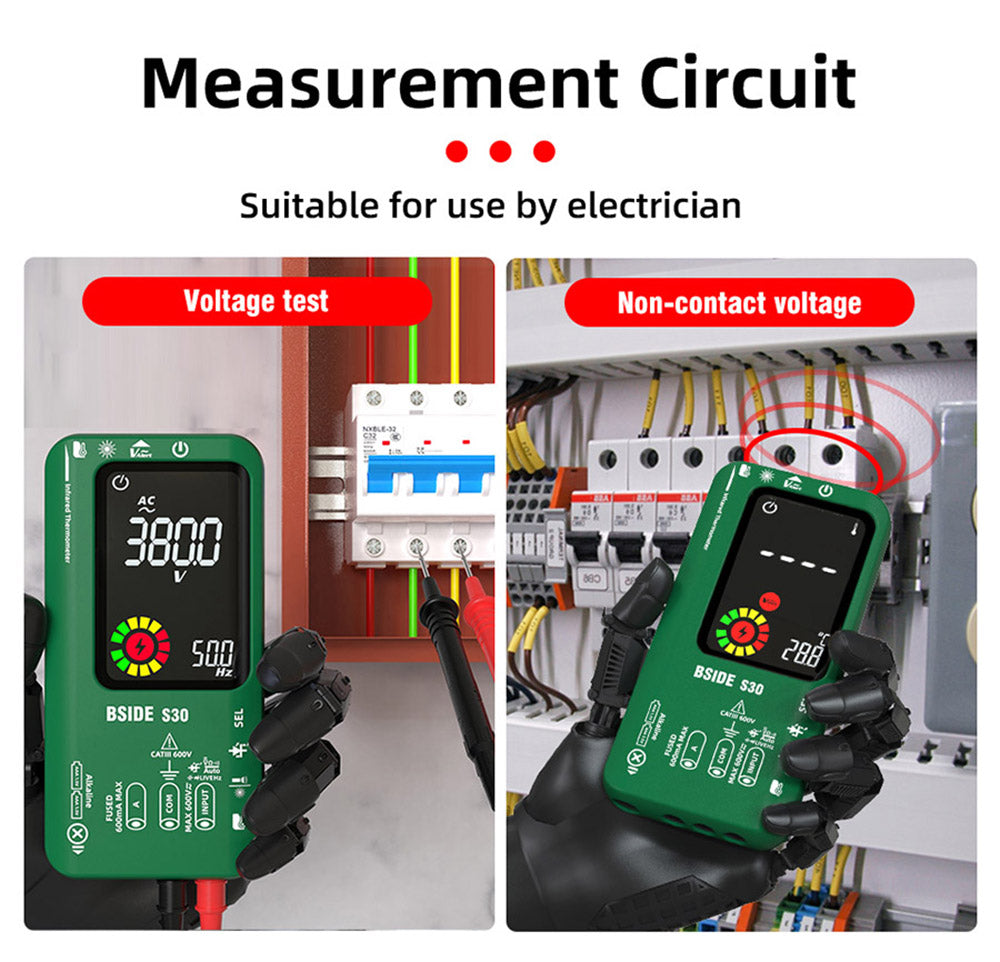 Multímetro digital BSIDE S30X, termómetro infrarrojo, pantalla a color, verdadero valor eficaz (True RMS) de 9999 cuentas, probador de voltaje, capacitancia, resistencia, frecuencia y diodos.