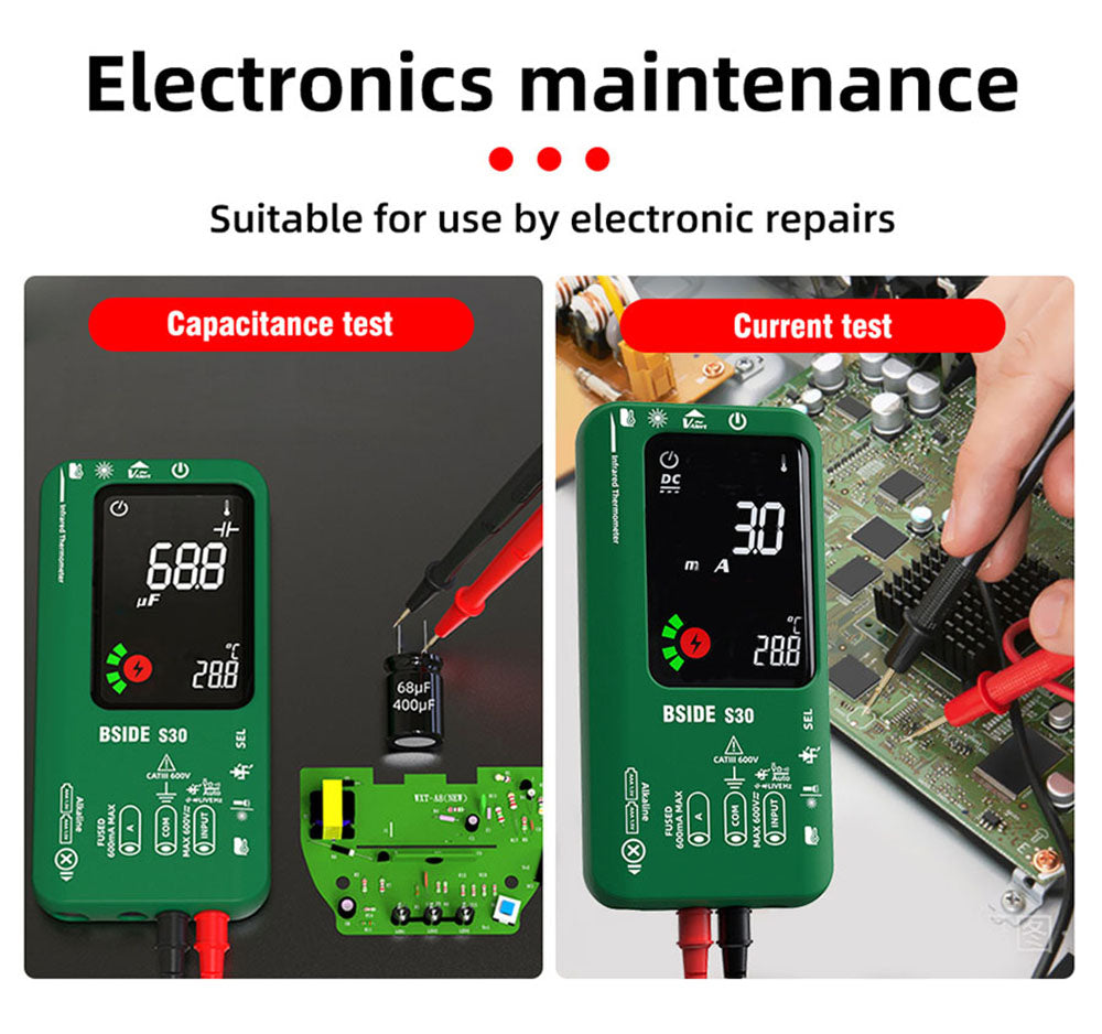 Multímetro digital BSIDE S30X, termómetro infrarrojo, pantalla a color, verdadero valor eficaz (True RMS) de 9999 cuentas, probador de voltaje, capacitancia, resistencia, frecuencia y diodos.