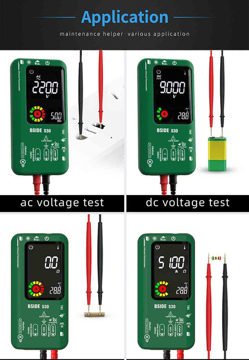 Multímetro digital BSIDE S30X, termómetro infrarrojo, pantalla a color, verdadero valor eficaz (True RMS) de 9999 cuentas, probador de voltaje, capacitancia, resistencia, frecuencia y diodos.