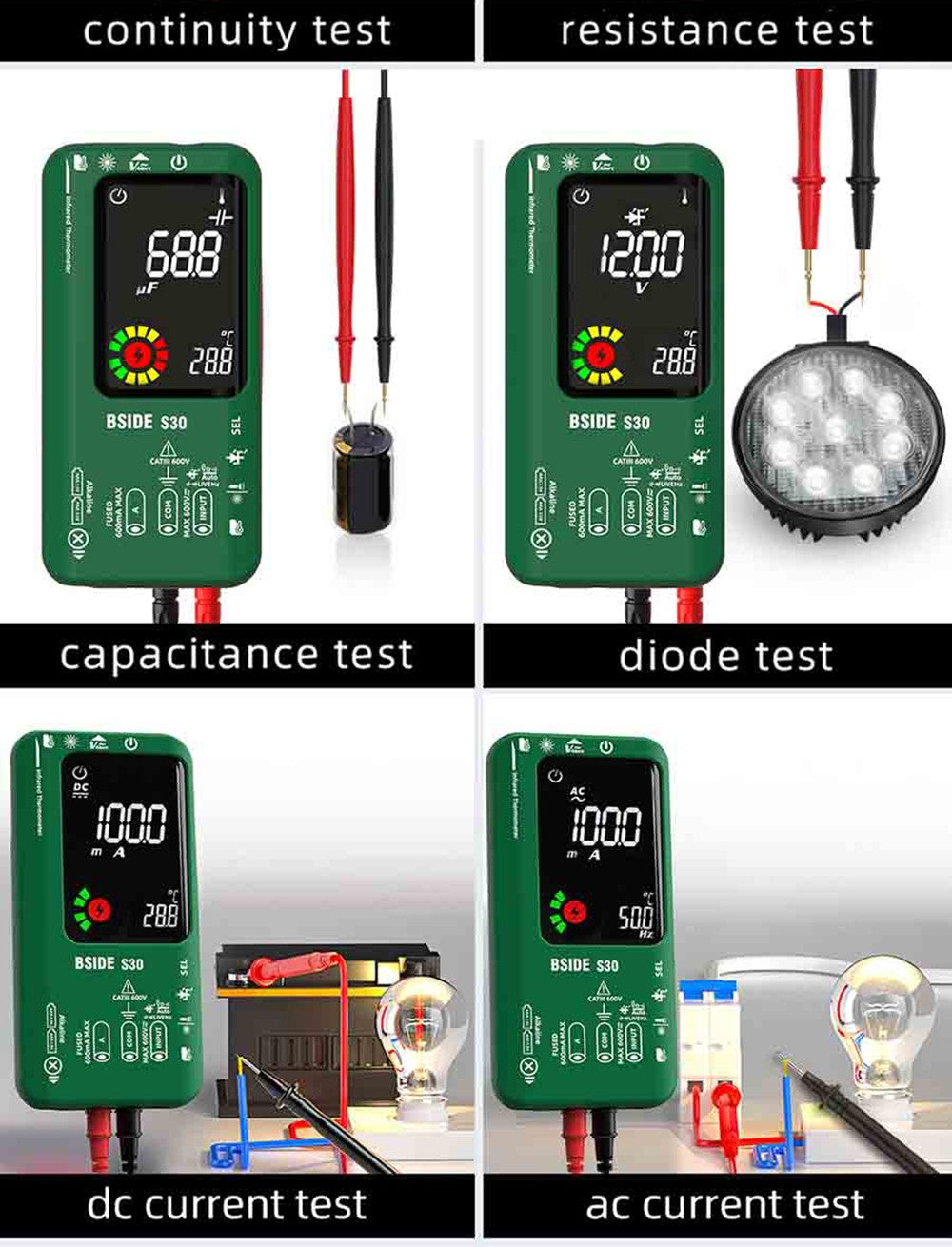 Multímetro digital BSIDE S30X, termómetro infrarrojo, pantalla a color, verdadero valor eficaz (True RMS) de 9999 cuentas, probador de voltaje, capacitancia, resistencia, frecuencia y diodos.