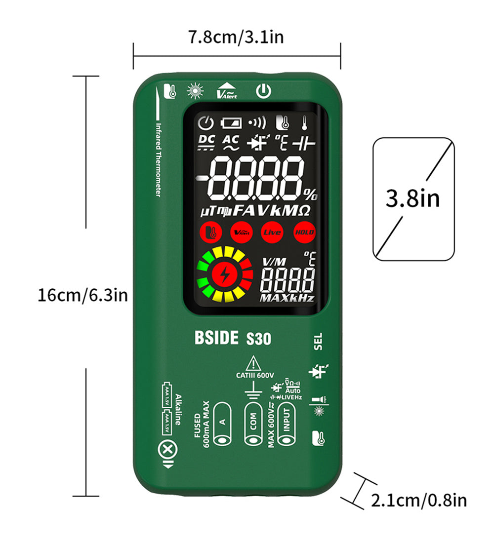 Multímetro digital BSIDE S30X, termómetro infrarrojo, pantalla a color, verdadero valor eficaz (True RMS) de 9999 cuentas, probador de voltaje, capacitancia, resistencia, frecuencia y diodos.