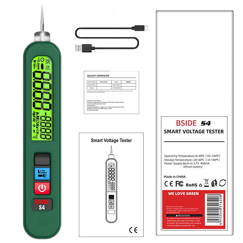 Comprobador de voltaje inteligente BSIDE S4, rango automático 12-300 V, sin contacto, detección de cable vivo/neutro, linterna LED, pantalla LCD - Verde