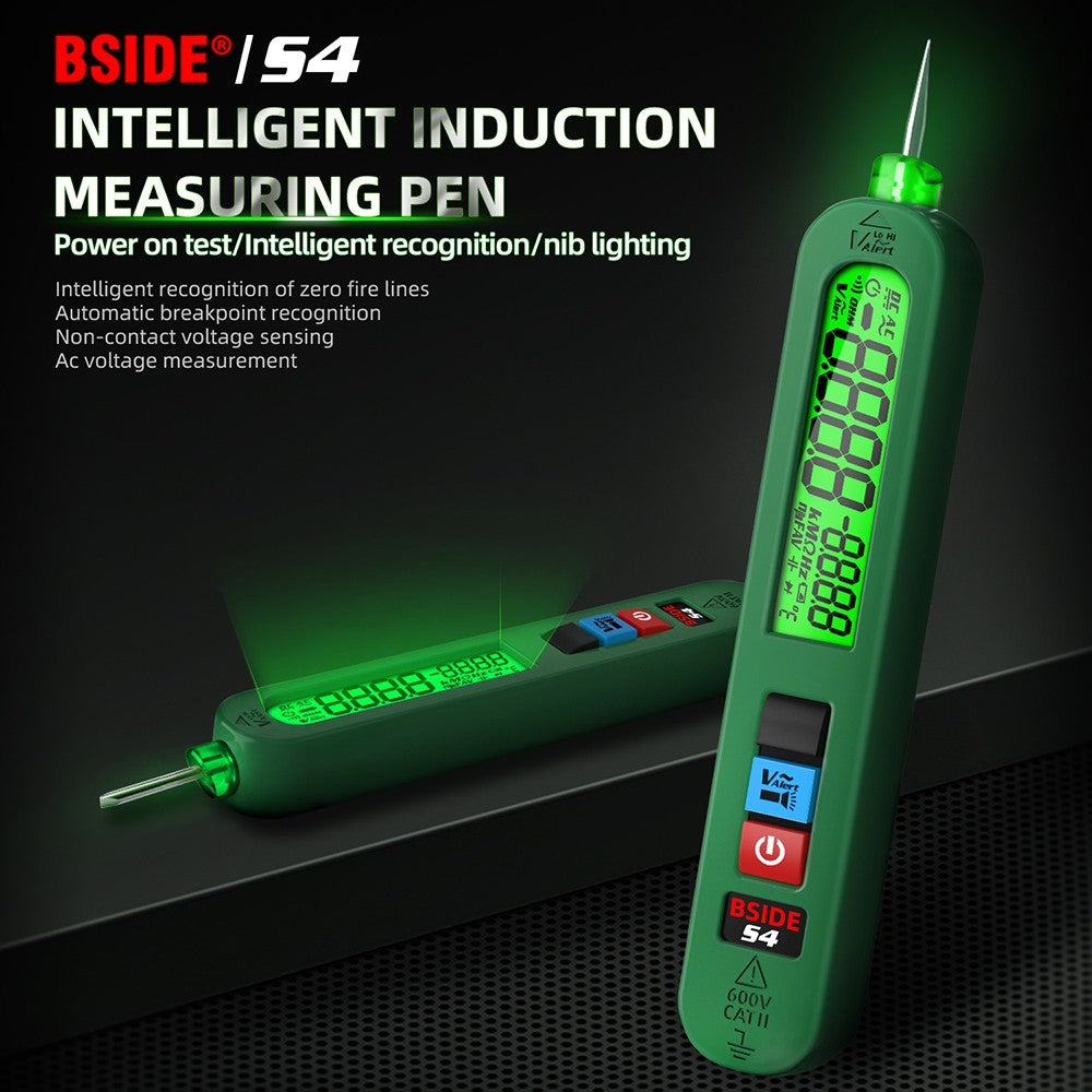 Comprobador de voltaje inteligente BSIDE S4, rango automático 12-300 V, sin contacto, detección de cable vivo/neutro, linterna LED, pantalla LCD - Verde