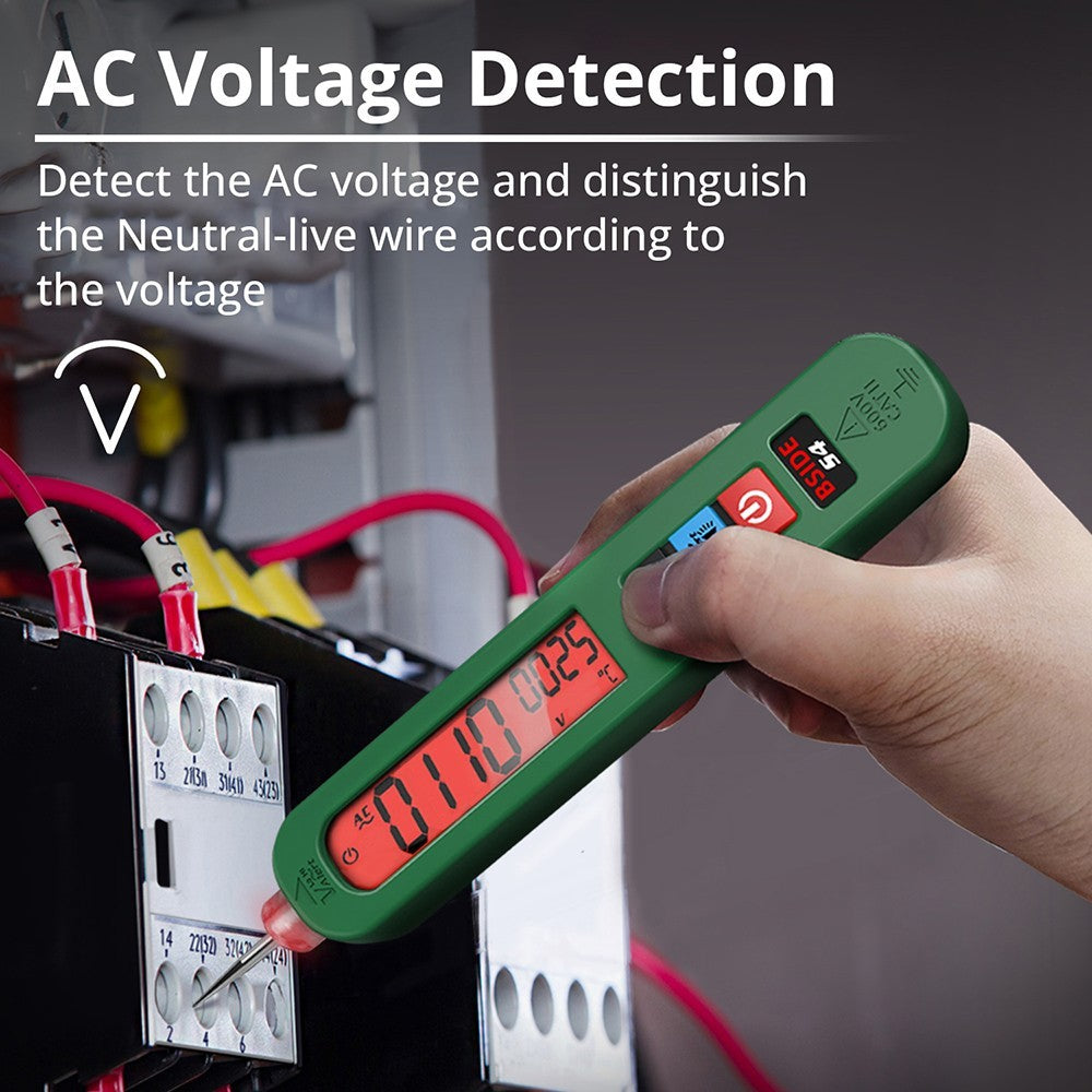 Comprobador de voltaje inteligente BSIDE S4, rango automático 12-300 V, sin contacto, detección de cable vivo/neutro, linterna LED, pantalla LCD - Verde