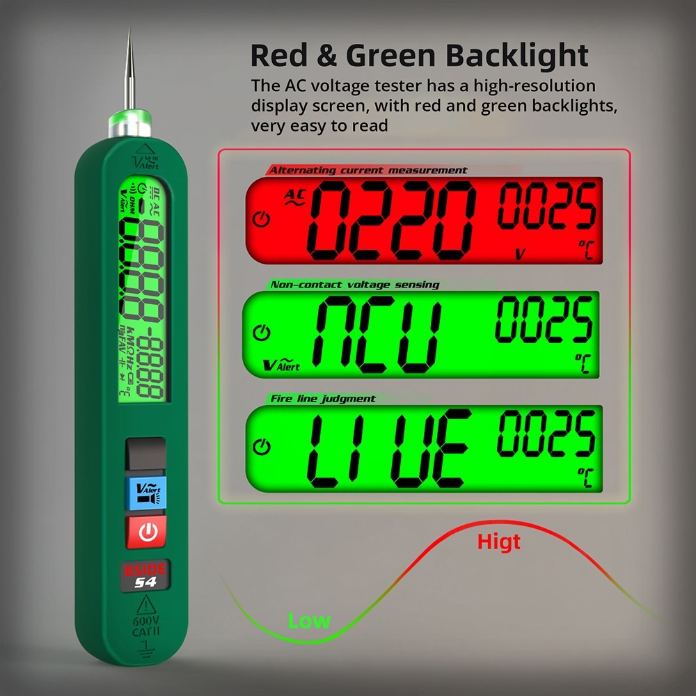 Comprobador de voltaje inteligente BSIDE S4, rango automático 12-300 V, sin contacto, detección de cable vivo/neutro, linterna LED, pantalla LCD - Verde