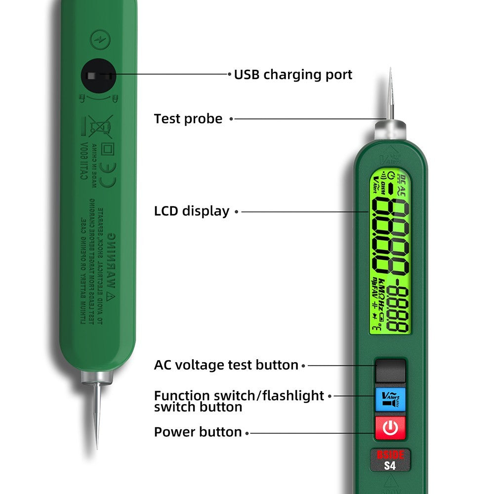 Comprobador de voltaje inteligente BSIDE S4, rango automático 12-300 V, sin contacto, detección de cable vivo/neutro, linterna LED, pantalla LCD - Verde