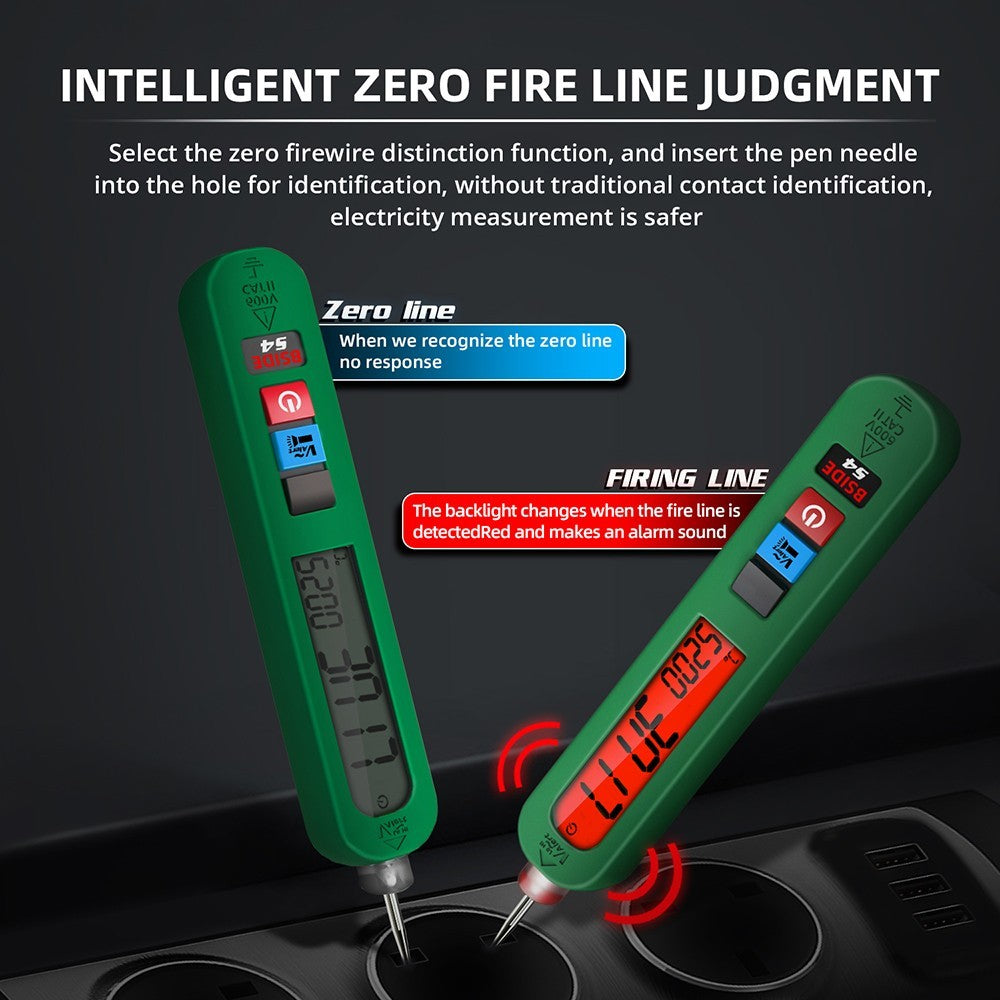 Comprobador de voltaje inteligente BSIDE S4, rango automático 12-300 V, sin contacto, detección de cable vivo/neutro, linterna LED, pantalla LCD - Verde