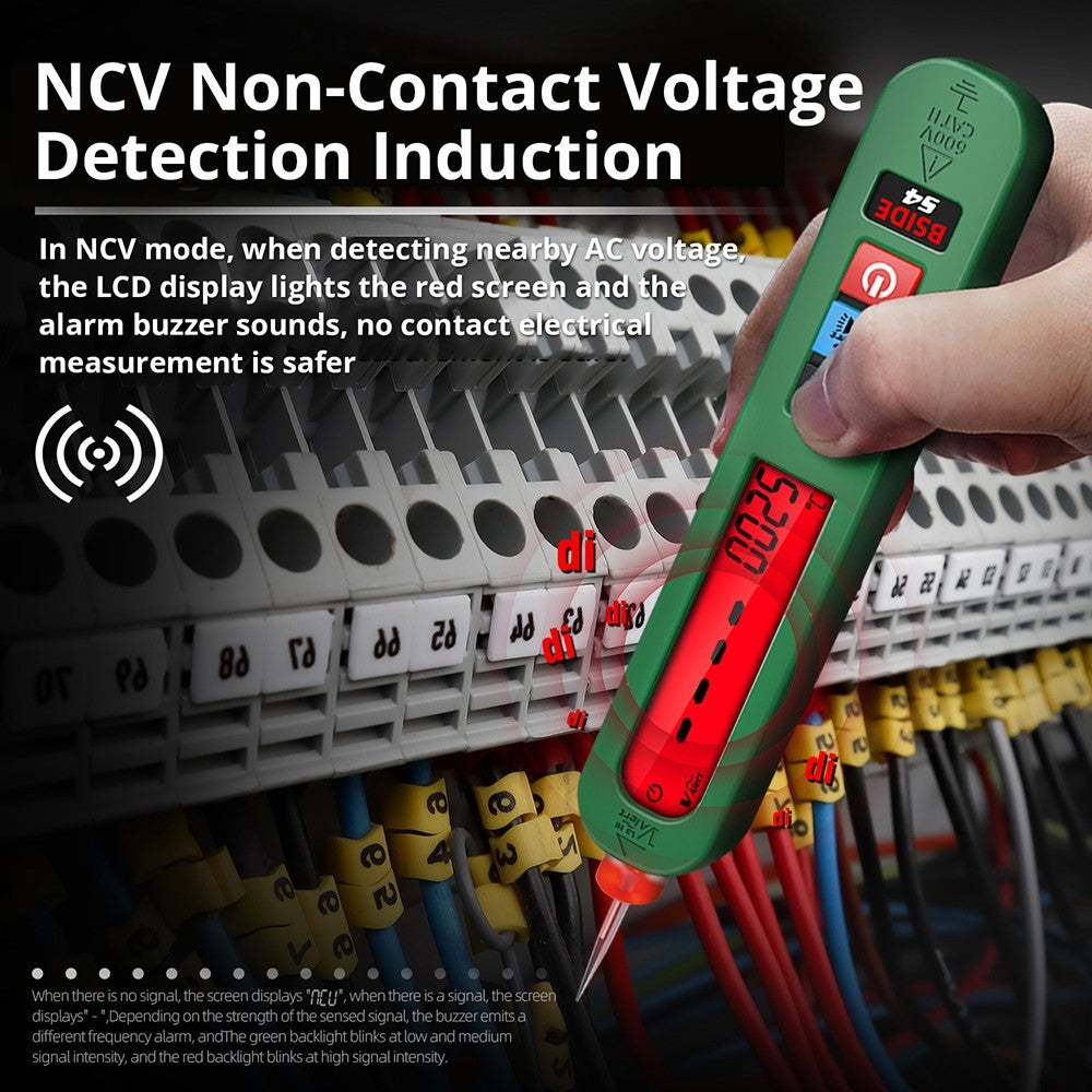 Comprobador de voltaje inteligente BSIDE S4, rango automático 12-300 V, sin contacto, detección de cable vivo/neutro, linterna LED, pantalla LCD - Verde