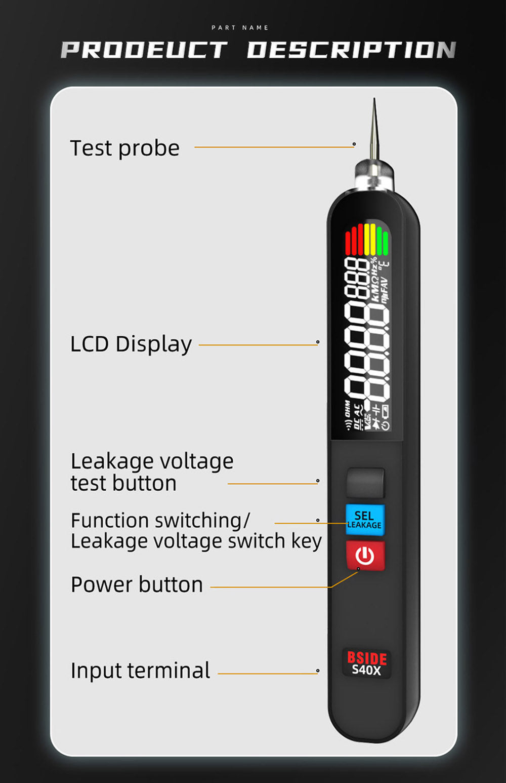 Multímetro digital BSIDE S40X, probador de voltaje de fuga, prueba de resistencia de diodo AC/DC y capacitancia, pantalla LCD, búsqueda de puntos de ruptura, alta precisión, totalmente inteligente, carga USB.