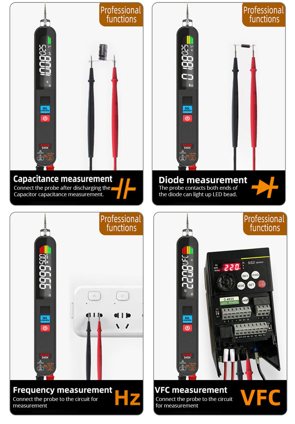 Multímetro digital BSIDE S40X, probador de voltaje de fuga, prueba de resistencia de diodo AC/DC y capacitancia, pantalla LCD, búsqueda de puntos de ruptura, alta precisión, totalmente inteligente, carga USB.