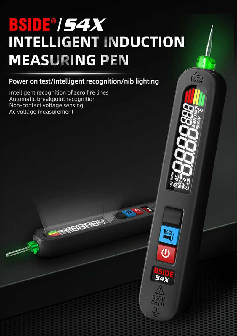 BSIDE S4X Probador de Voltaje tipo Pluma 12V-300V, Pantalla EBTN, Detección sin Contacto, Buscador de Puntos de Ruptura de Cable con Fuga de Corriente, Batería de Litio de 400mAh - Negro