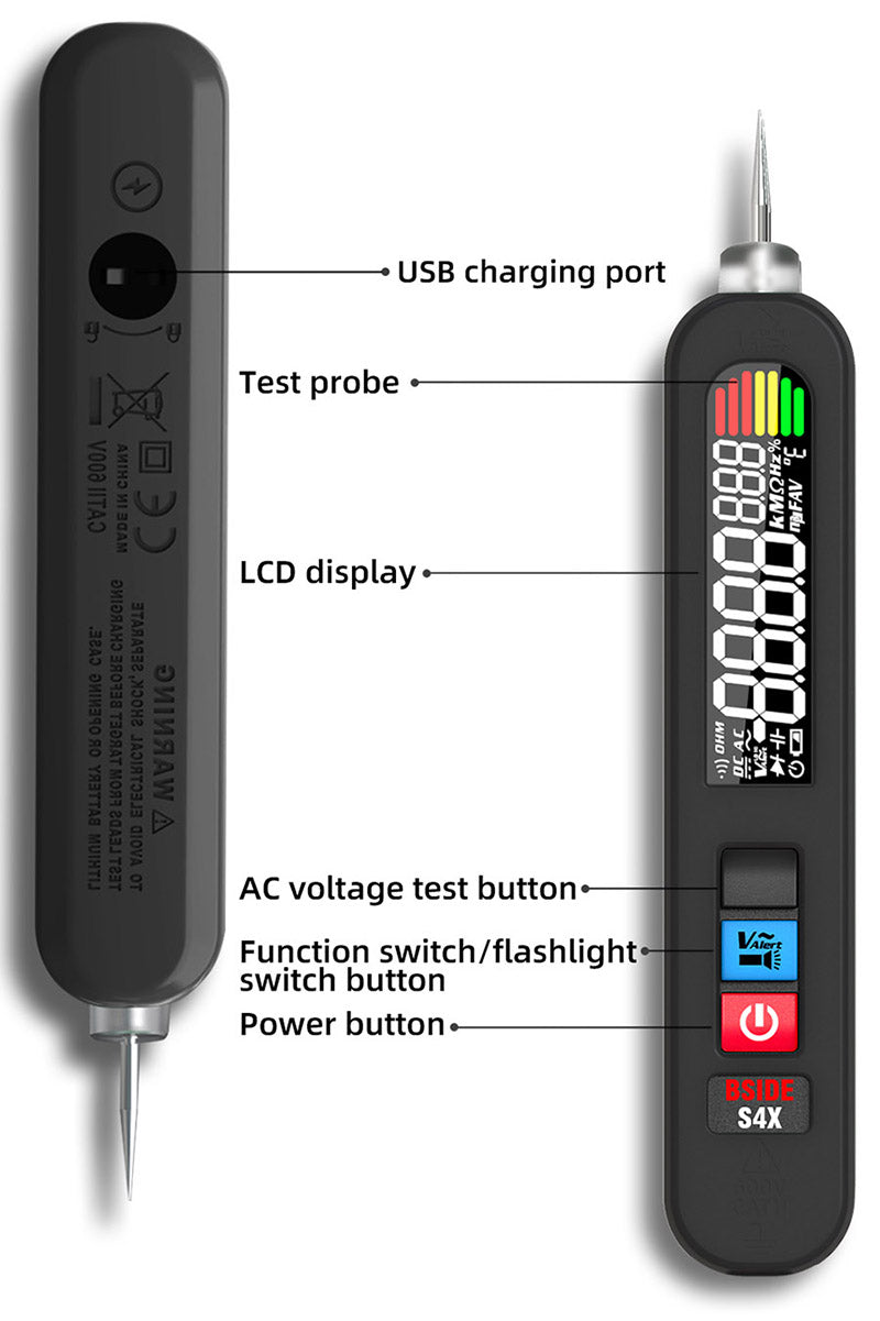 BSIDE S4X Probador de Voltaje tipo Pluma 12V-300V, Pantalla EBTN, Detección sin Contacto, Buscador de Puntos de Ruptura de Cable con Fuga de Corriente, Batería de Litio de 400mAh - Negro