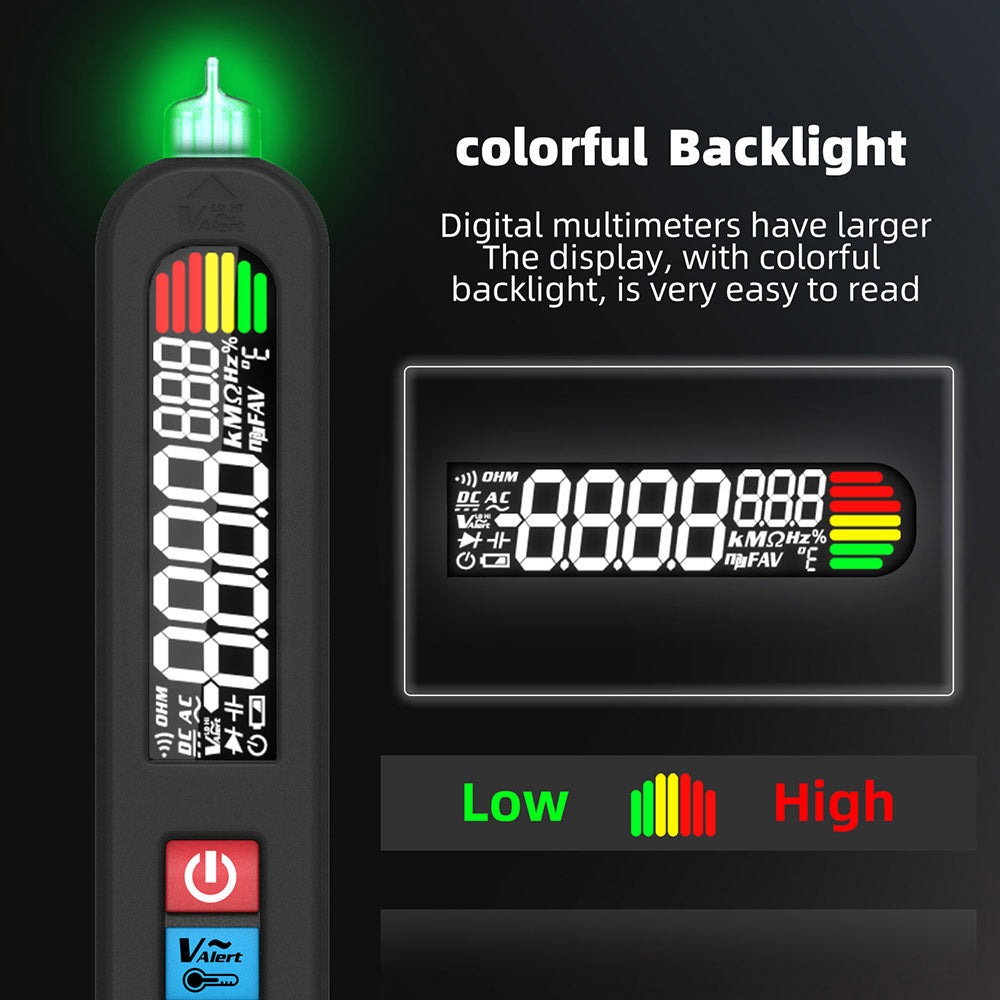 Multímetro digital BSIDE S5X, detector de voltaje CA/CC tipo bolígrafo, rango automático, probador de capacitancia, ohmios, diodos, Hz y NCV, linterna LED brillante, batería de iones de litio de 400 mAh, negro - con bolsa.