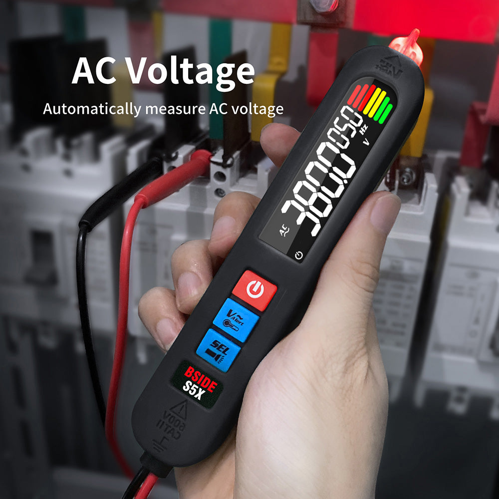 Multímetro digital BSIDE S5X, detector de voltaje CA/CC tipo bolígrafo, rango automático, probador de capacitancia, ohmios, diodos, Hz y NCV, linterna LED brillante, batería de iones de litio de 400 mAh, negro - con bolsa.