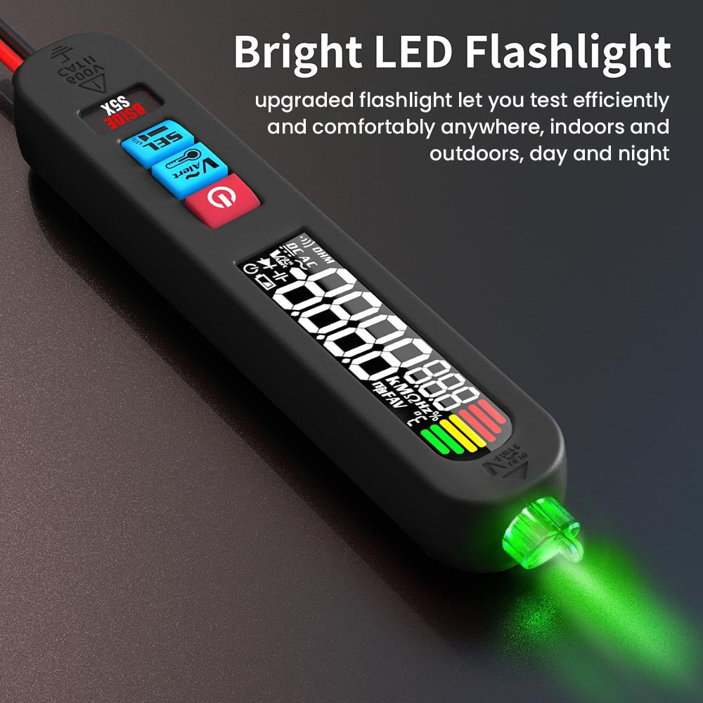 Multímetro digital BSIDE S5X, detector de voltaje CA/CC tipo bolígrafo, rango automático, probador de capacitancia, ohmios, diodos, Hz y NCV, linterna LED brillante, batería de iones de litio de 400 mAh, negro - con bolsa.