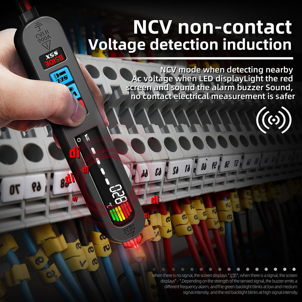 Multímetro digital BSIDE S5X, detector de voltaje CA/CC tipo bolígrafo, rango automático, probador de capacitancia, ohmios, diodos, Hz y NCV, linterna LED brillante, batería de iones de litio de 400 mAh, negro - con bolsa.