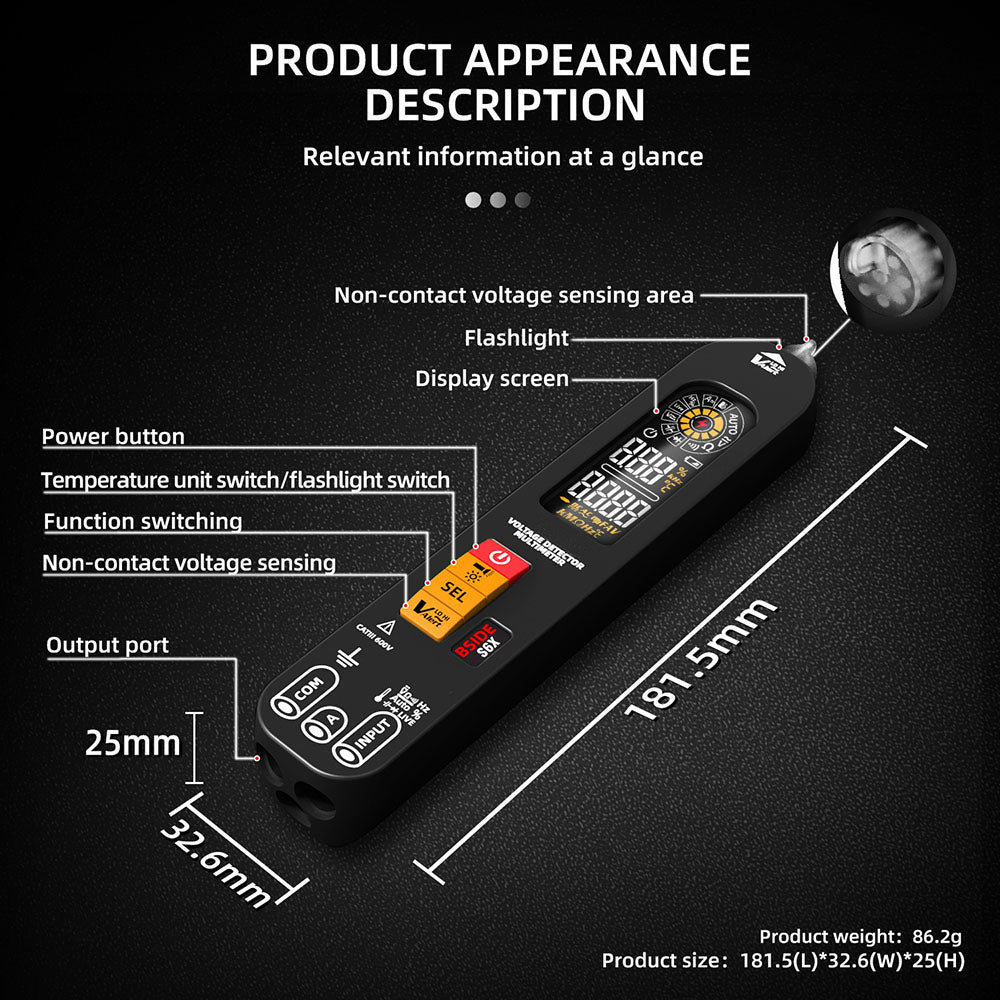 Multímetro inteligente BSIDE S6X, pantalla a color EBTN, multímetro tipo bolígrafo para voltaje, corriente, capacitancia y resistencia, batería recargable de iones de litio de 400 mAh.