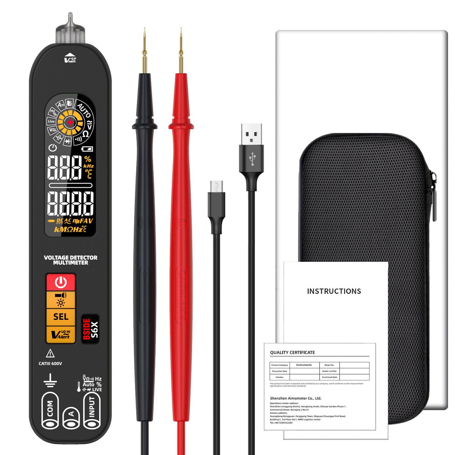 Multímetro inteligente BSIDE S6X, pantalla a color EBTN, multímetro tipo bolígrafo para voltaje, corriente, capacitancia y resistencia, batería recargable de iones de litio de 400 mAh.