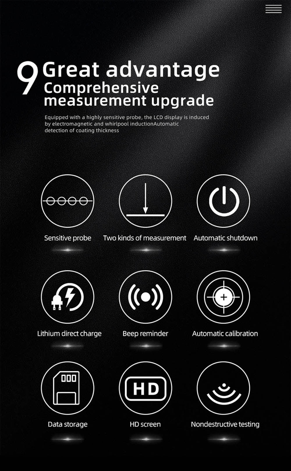 Medidor de espesor de recubrimiento BSIDE T2X, pantalla LCD a color, probador de espesor de película de pintura automotriz recargable, 0,1 micrómetros/0-1500 μm - Negro