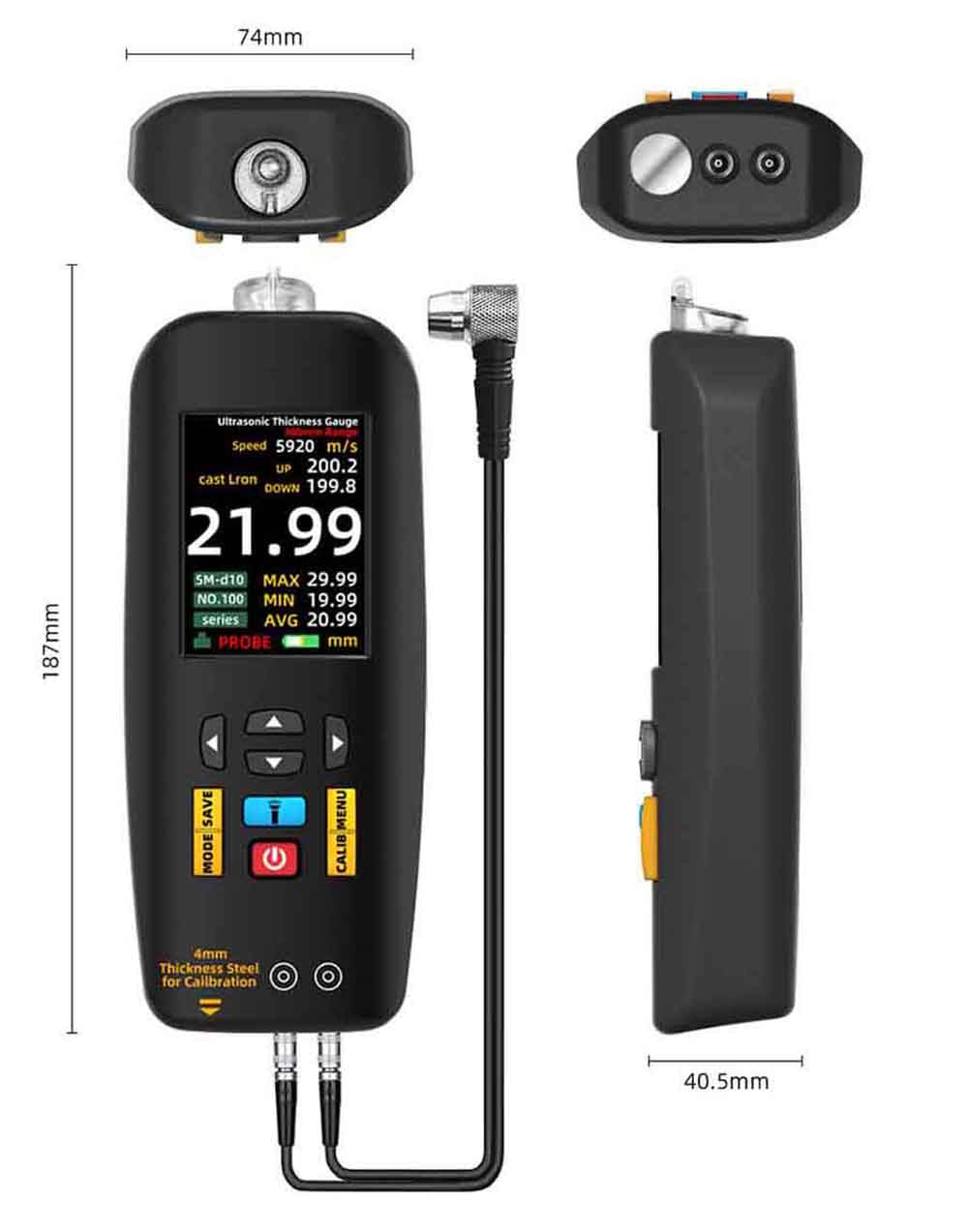 Medidor de espesor ultrasónico BSIDE T7, rango de medición de 0,01-300 mm, pantalla a color TFT de 2,8 pulgadas, con función de linterna, batería de litio de 2000 mA, gris.