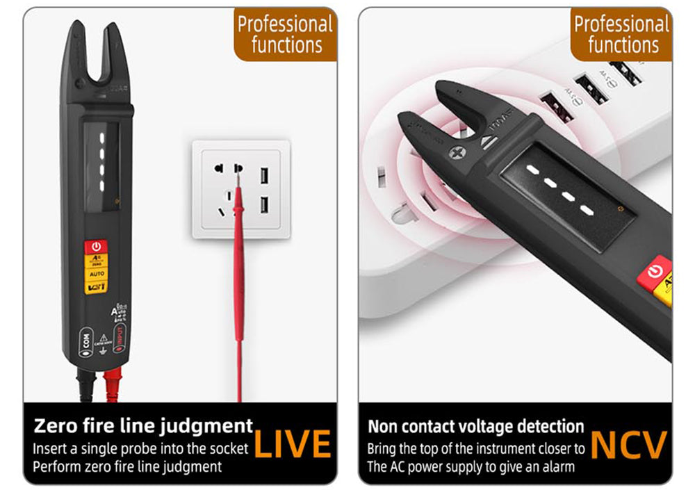 Multímetro digital de pinza BSIDE U1, bolígrafo probador eléctrico, linterna LED brillante, pinzas de corriente DC/AC 100A, corriente T-RMS.