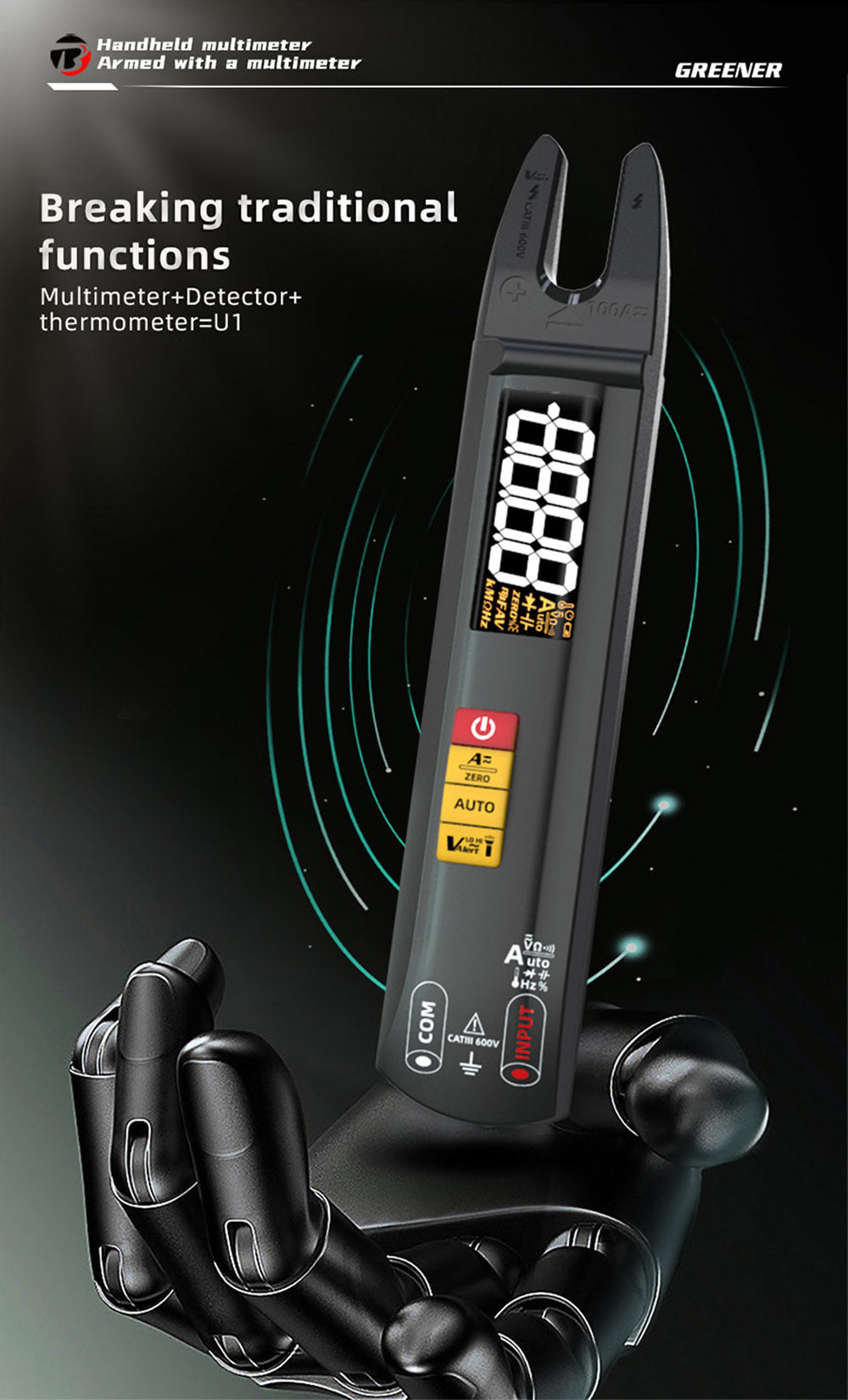 Multímetro digital de pinza BSIDE U1, bolígrafo probador eléctrico, linterna LED brillante, pinzas de corriente DC/AC 100A, corriente T-RMS.