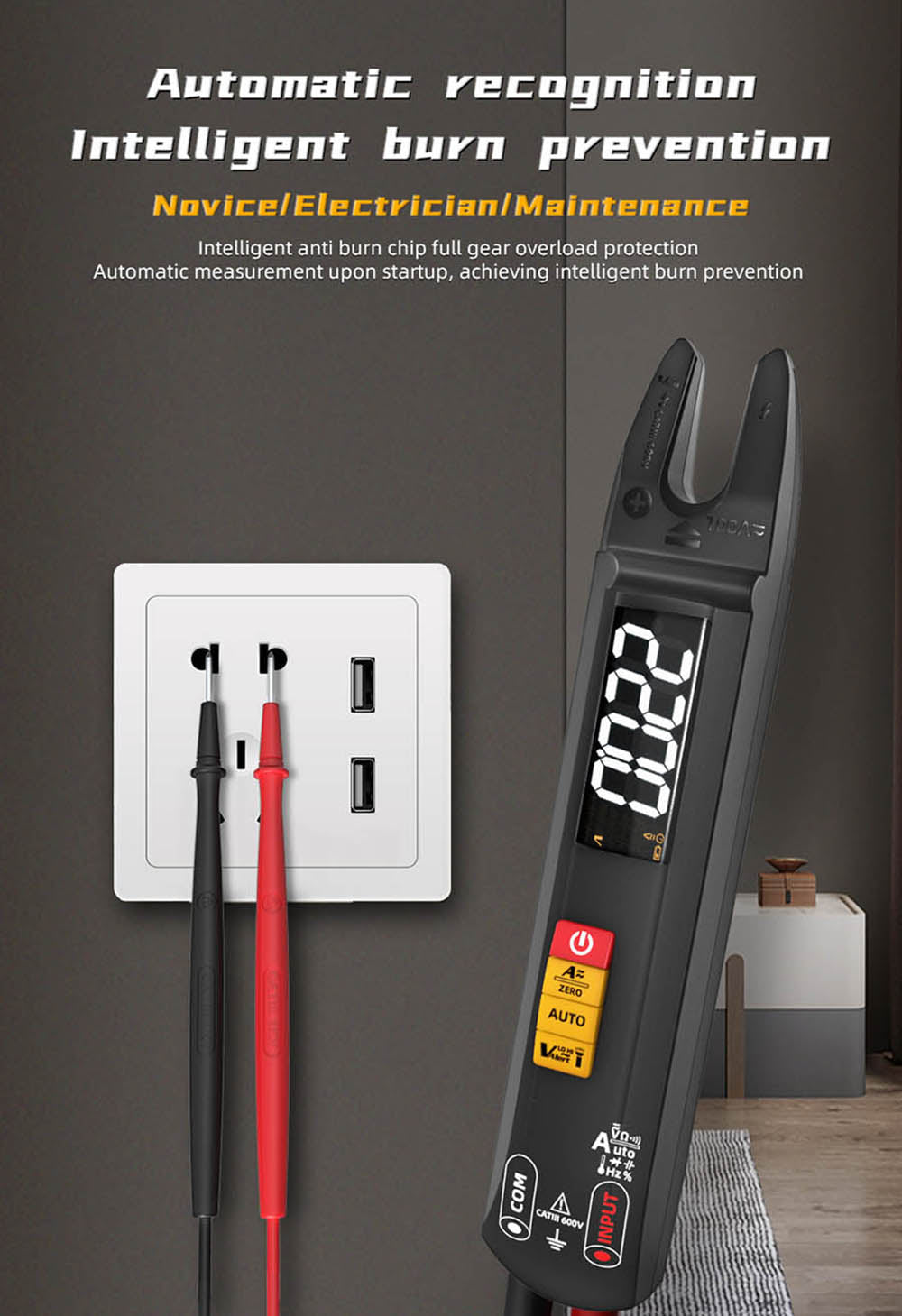 Multímetro digital de pinza BSIDE U1, bolígrafo probador eléctrico, linterna LED brillante, pinzas de corriente DC/AC 100A, corriente T-RMS.