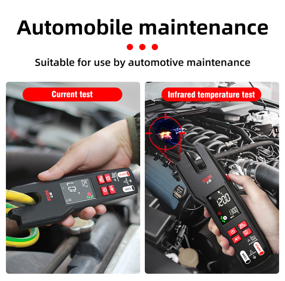Multímetro digital de pinza en forma de U BSIDE U6X, medidor automático de CA/CC, detección infrarroja, pantalla a color, batería recargable, con diseño de soporte para puntas de prueba.