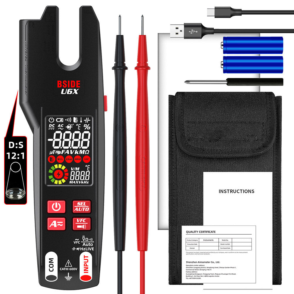 Multímetro digital de pinza en forma de U BSIDE U6X, medidor automático de CA/CC, detección infrarroja, pantalla a color, batería recargable, con diseño de soporte para puntas de prueba.