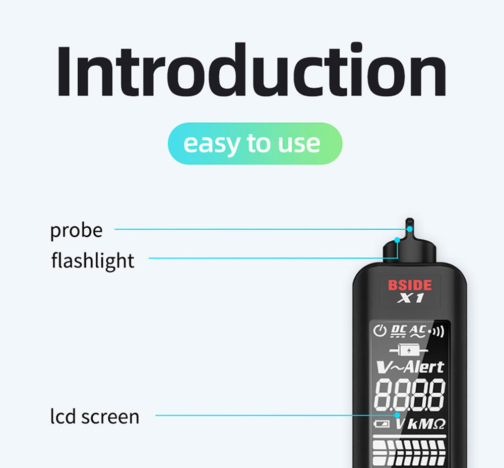 Detector de voltaje inteligente BSIDE X1, multímetro, bolígrafo eléctrico, comprobación de puntos de interrupción, pantalla LCD grande, linterna, medidor de Hz, ohmios y NCV de cable vivo, sin pilas.
