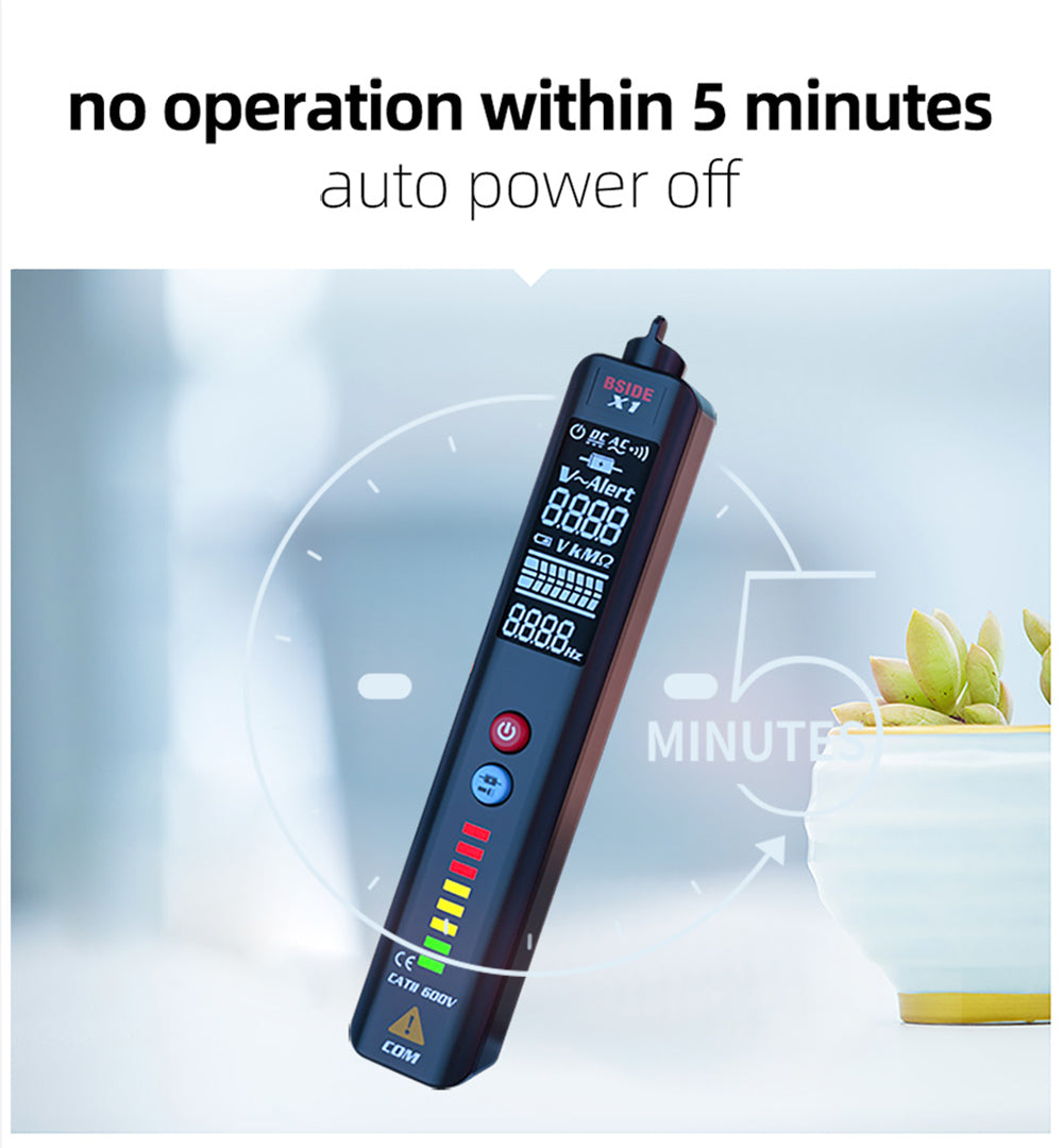 Detector de voltaje inteligente BSIDE X1, multímetro, bolígrafo eléctrico, comprobación de puntos de interrupción, pantalla LCD grande, linterna, medidor de Hz, ohmios y NCV de cable vivo, sin pilas.